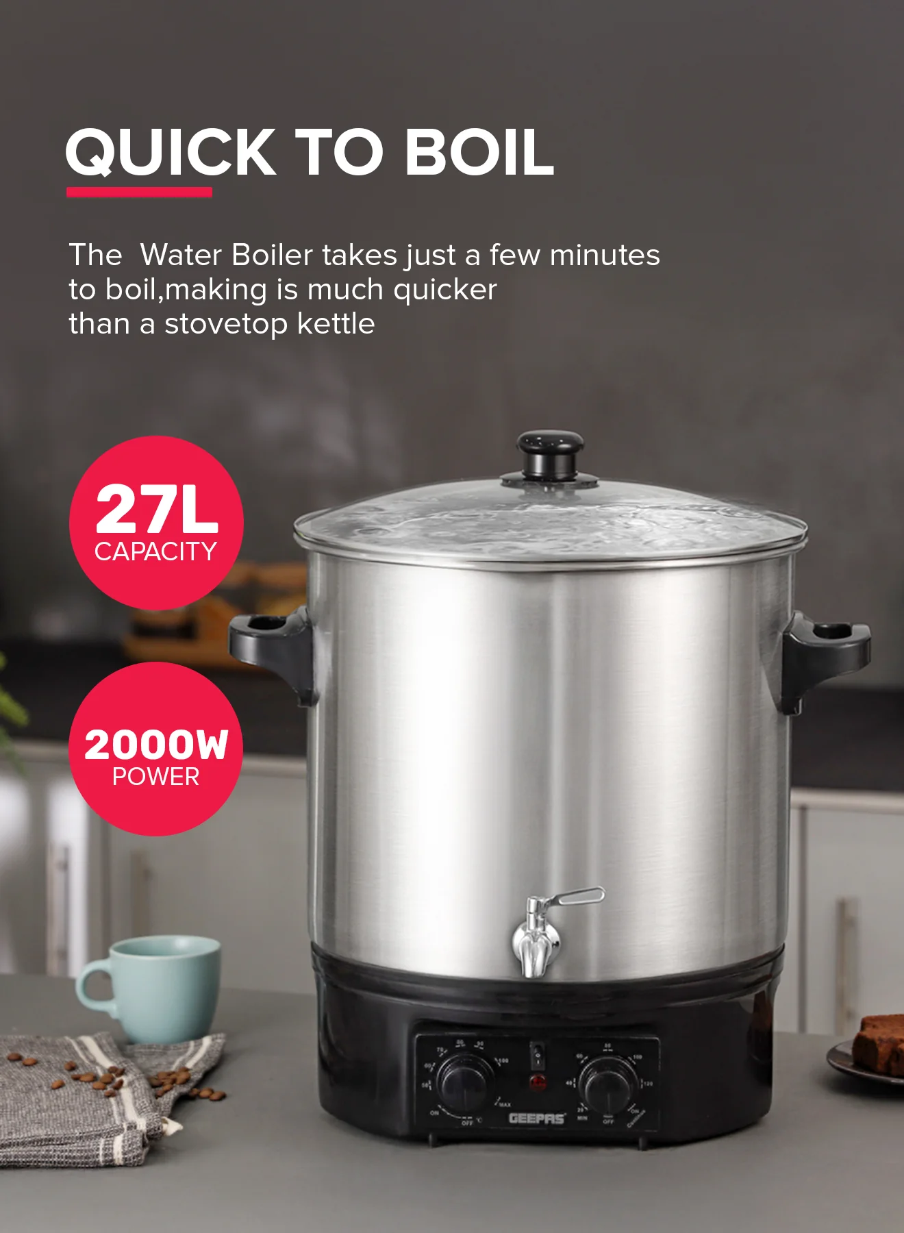 Geepas Stainless Steel Water Boiler 27L GK38077 | 2000W High Performance | Built-in Timer| Boil Dry & Safety Features | Durable Design| Energy Efficient |2 Years Warranty - Image 2