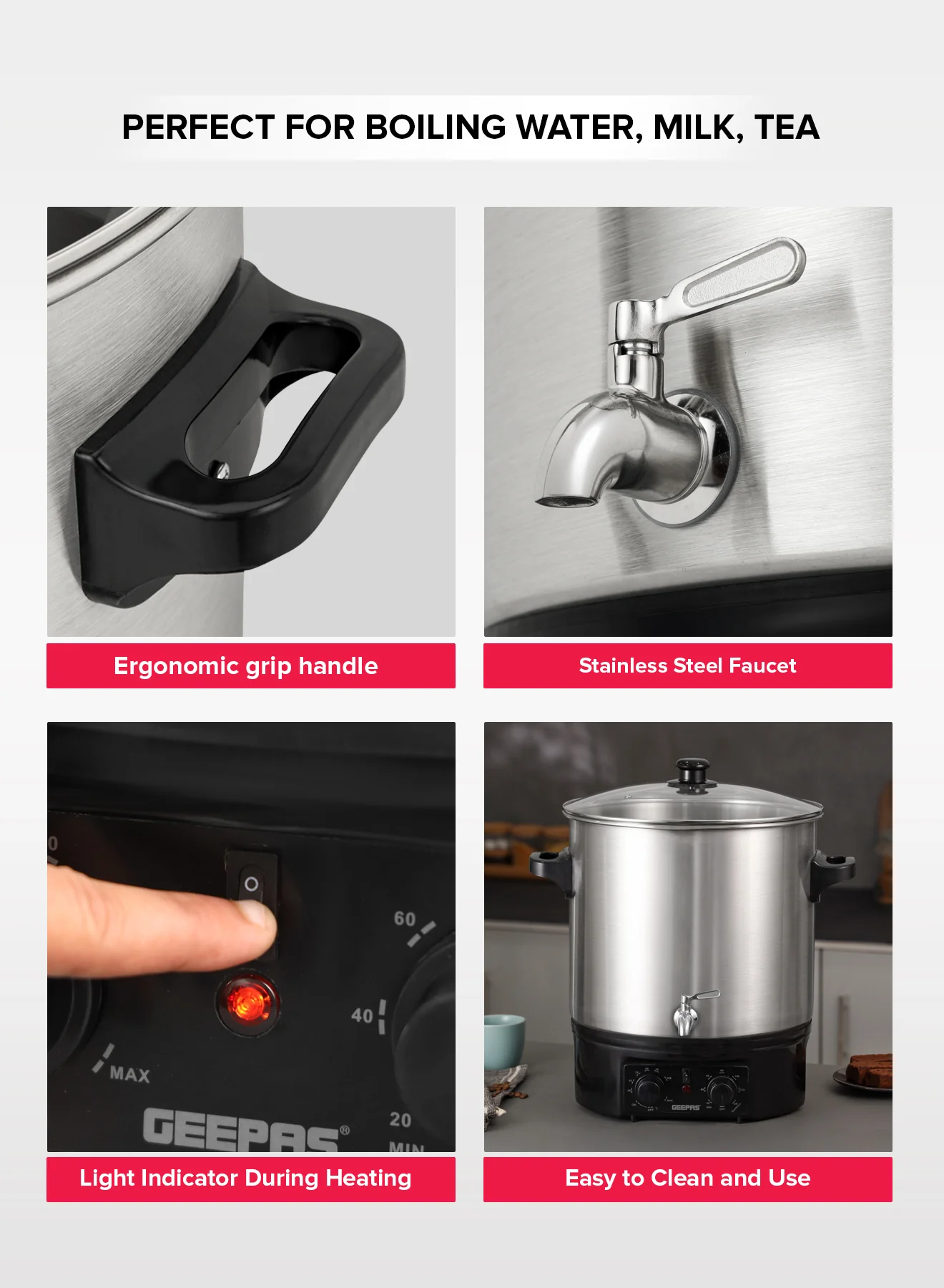 Geepas Stainless Steel Water Boiler 27L GK38077 | 2000W High Performance | Built-in Timer| Boil Dry & Safety Features | Durable Design| Energy Efficient |2 Years Warranty - Image 4