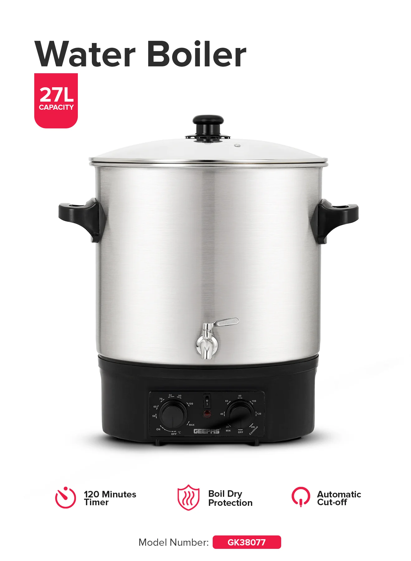 Geepas Stainless Steel Water Boiler 27L GK38077 | 2000W High Performance | Built-in Timer| Boil Dry & Safety Features | Durable Design| Energy Efficient |2 Years Warranty - Image 7