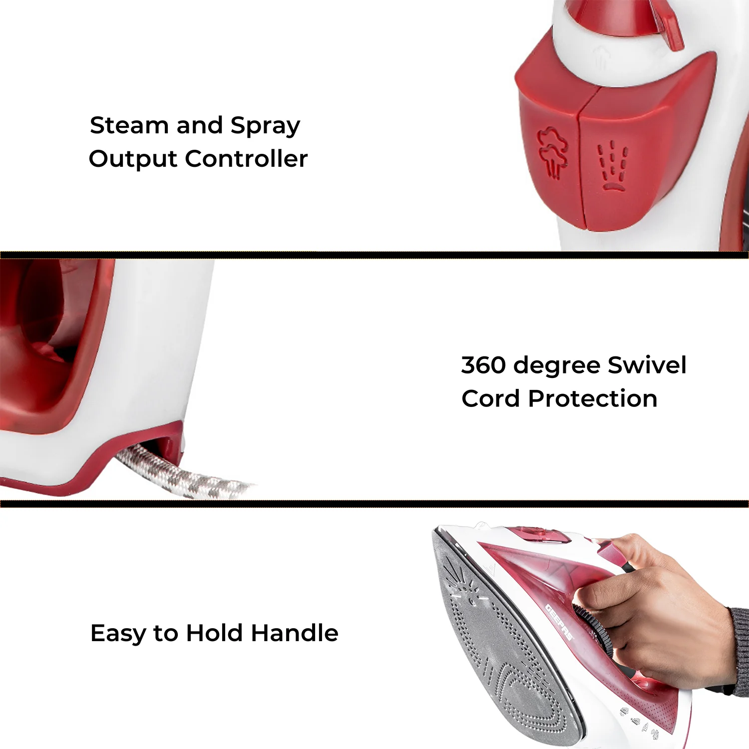 Geepas Steam Iron- GSI7783/ Dry Ironing Box with Non-Stick Soleplate, Comfortable Handle and Handy Design with Multiple Functions/ 120 ml Water Tank - Image 3