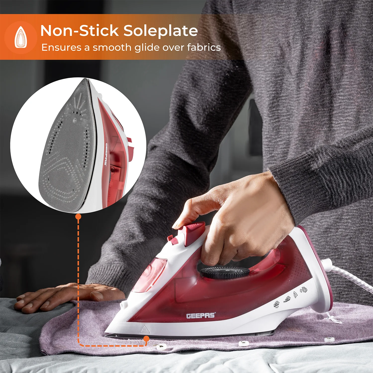 Geepas Steam Iron- GSI7783/ Dry Ironing Box with Non-Stick Soleplate, Comfortable Handle and Handy Design with Multiple Functions/ 120 ml Water Tank - Image 4