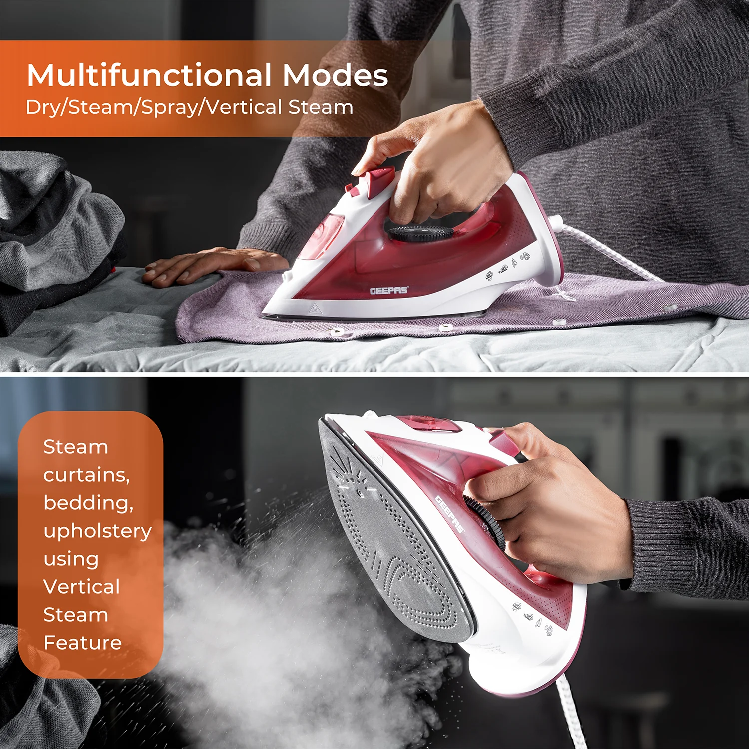 Geepas Steam Iron- GSI7783/ Dry Ironing Box with Non-Stick Soleplate, Comfortable Handle and Handy Design with Multiple Functions/ 120 ml Water Tank - Image 7