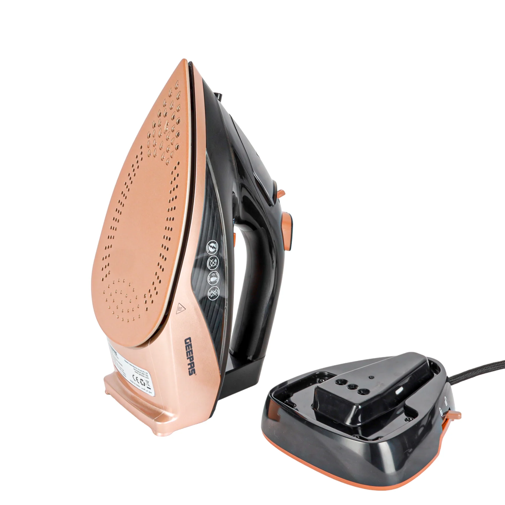 Geepas Steam Iron- GSI7785 Cord and Cordless Use,Ceramic-Coated Soleplate and Self-Cleaning Function, 350 ml Water Tank, Suitable for All Kinds of Fabric, 2200 W Power,2 Years Warranty, Rose Gold and Black - Image 2