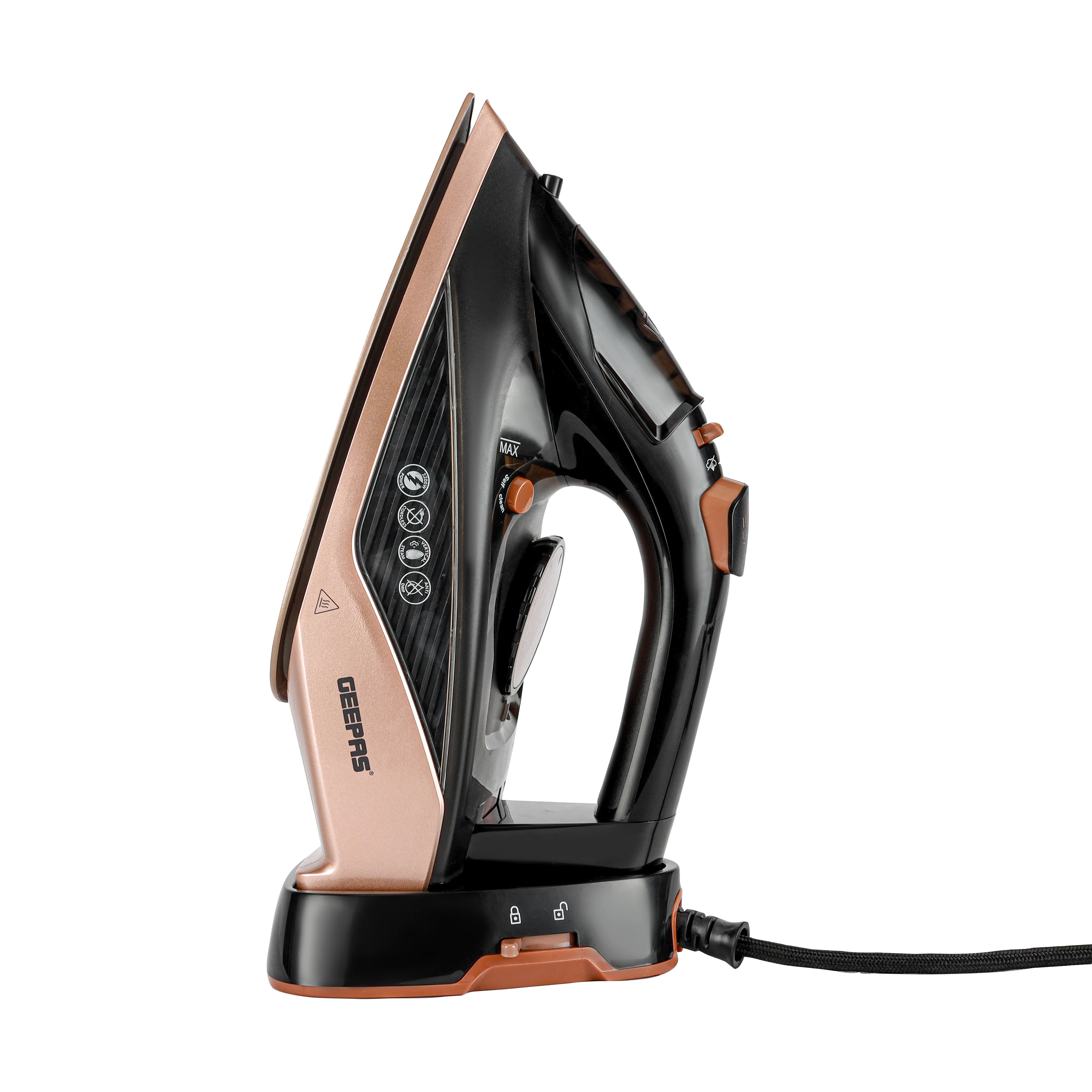 Geepas Steam Iron- GSI7785 Cord and Cordless Use,Ceramic-Coated Soleplate and Self-Cleaning Function, 350 ml Water Tank, Suitable for All Kinds of Fabric, 2200 W Power,2 Years Warranty, Rose Gold and Black - Image 3