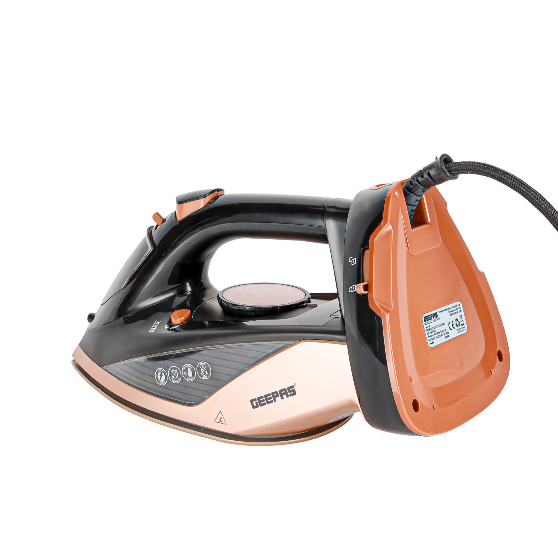 Geepas Steam Iron- GSI7785 Cord and Cordless Use,Ceramic-Coated Soleplate and Self-Cleaning Function, 350 ml Water Tank, Suitable for All Kinds of Fabric, 2200 W Power,2 Years Warranty, Rose Gold and Black - Image 8