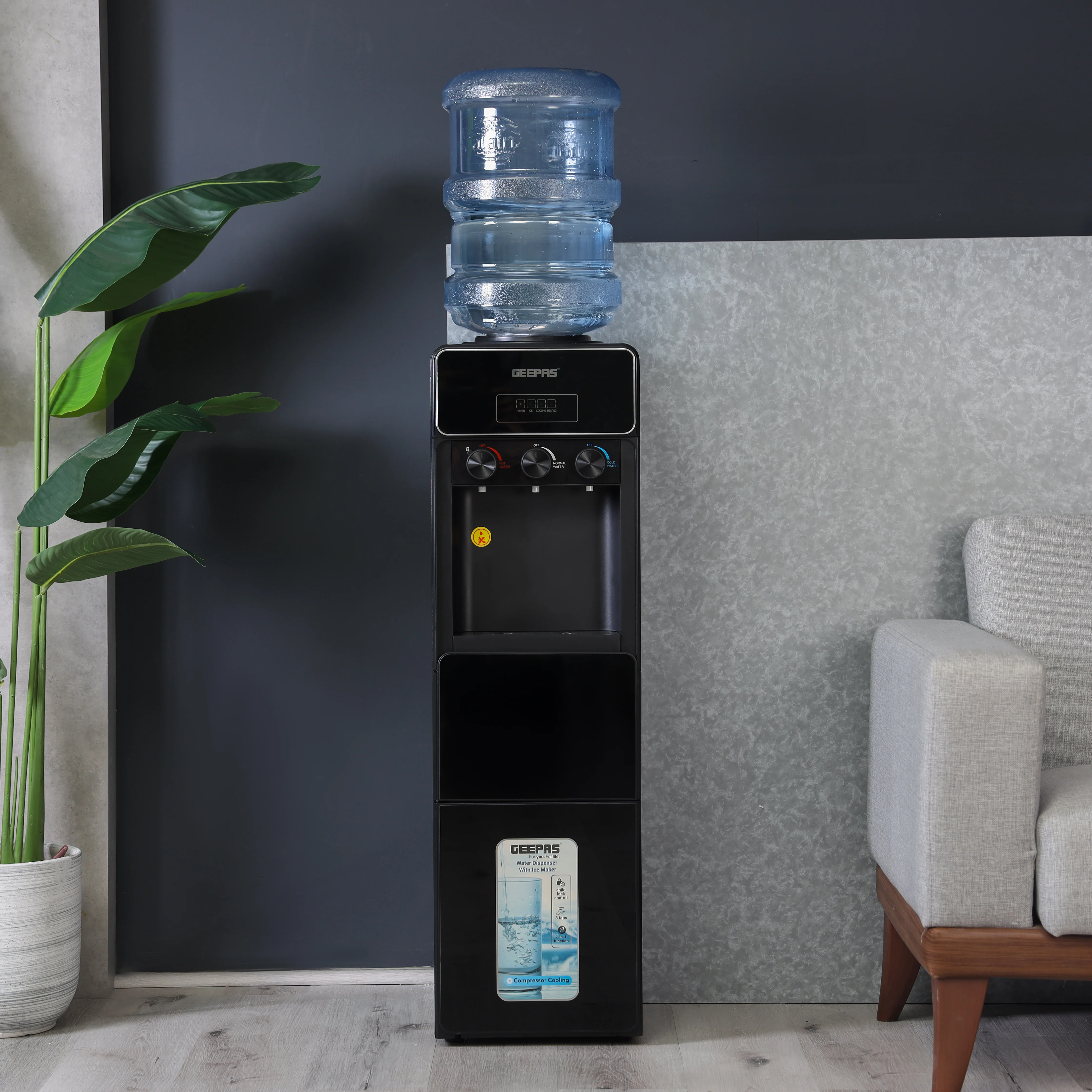 Geepas Water Dispenser with Ice Maker GIM17042 | 3 Taps | Hot & Cold Water | 2-in-1 Function | 10kg Ice Making Capacity | Child Lock | Stainless Steel Water Tank - Image 2