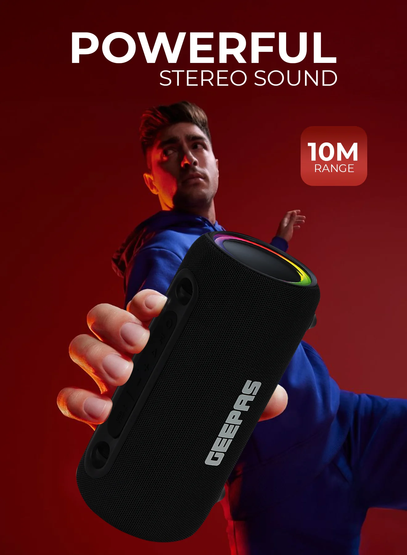 Geepas Waterproof Bluetooth Speaker GMS11199 | Portable Wireless Speaker with RGB Lights, USB/TWS Support, 10M Bluetooth Range, 3600mAh Battery & IPX5 Waterproof Design - Image 3