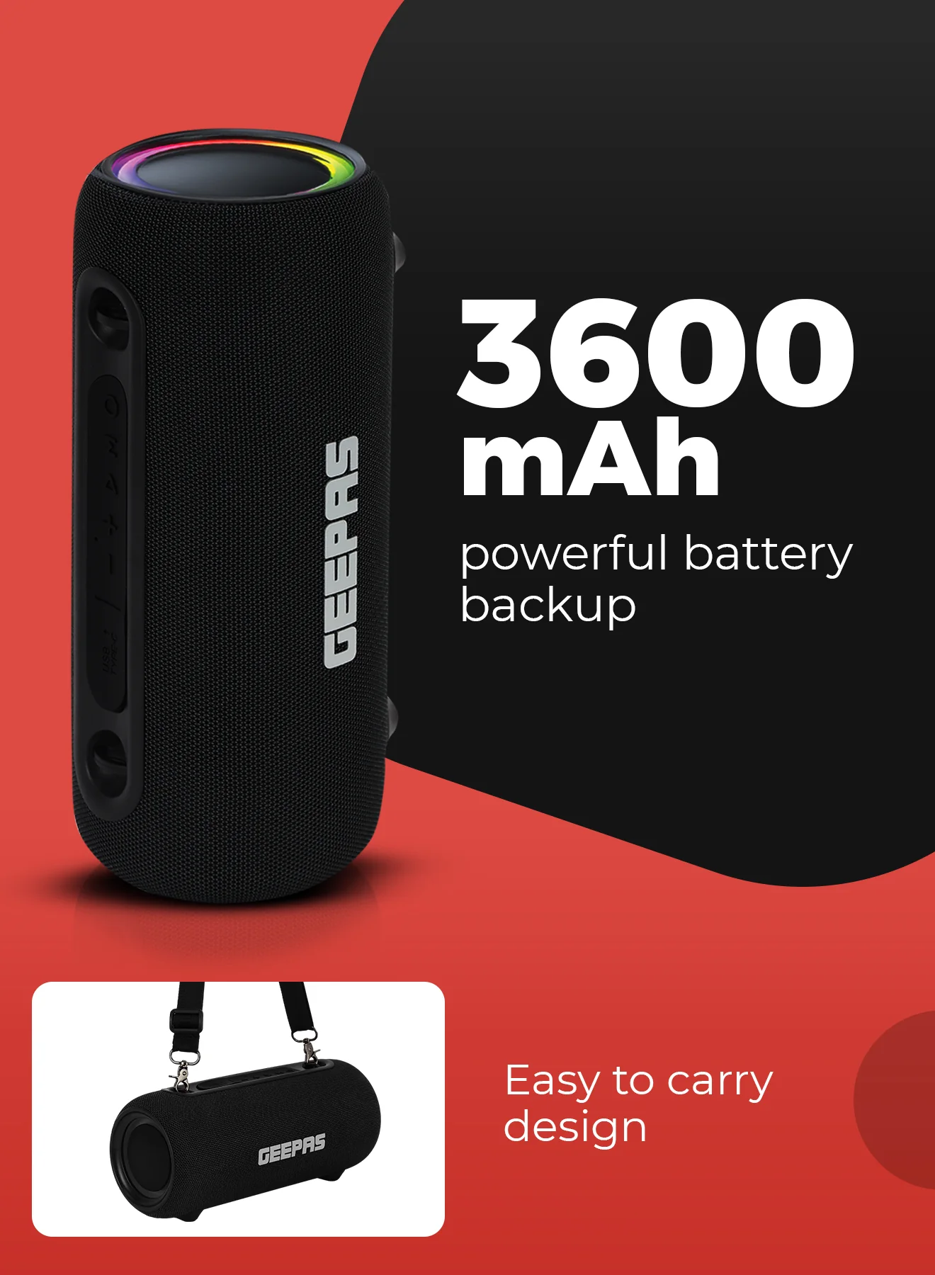 Geepas Waterproof Bluetooth Speaker GMS11199 | Portable Wireless Speaker with RGB Lights, USB/TWS Support, 10M Bluetooth Range, 3600mAh Battery & IPX5 Waterproof Design - Image 5