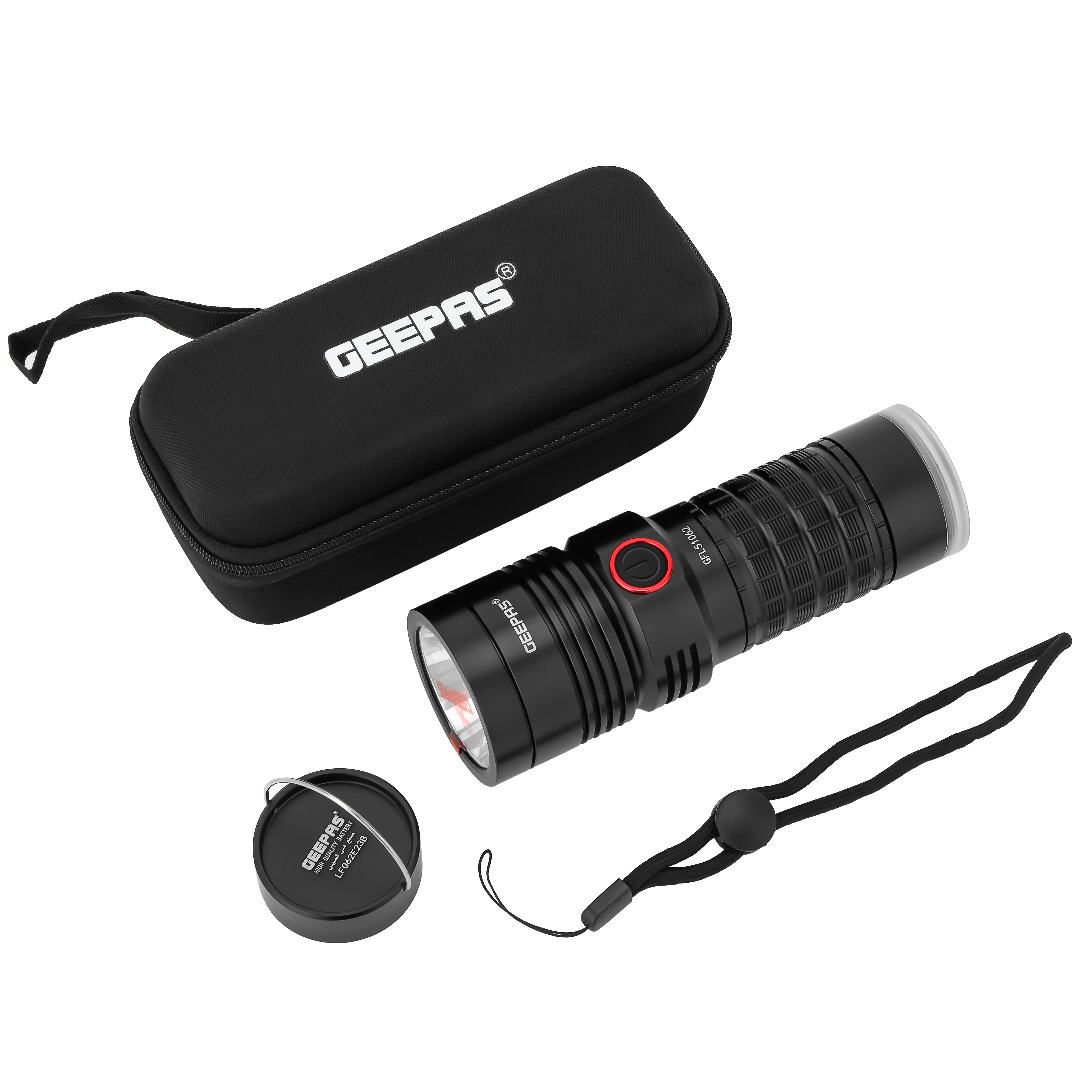 Geepas GFL51062 Rechargeable LED Flashlight with Power Bank – 25W, 3000LM, 6500-8000K, 24h Runtime, IPX6 Waterproof, Aluminum Body, Lithium Battery, Black - Image 6
