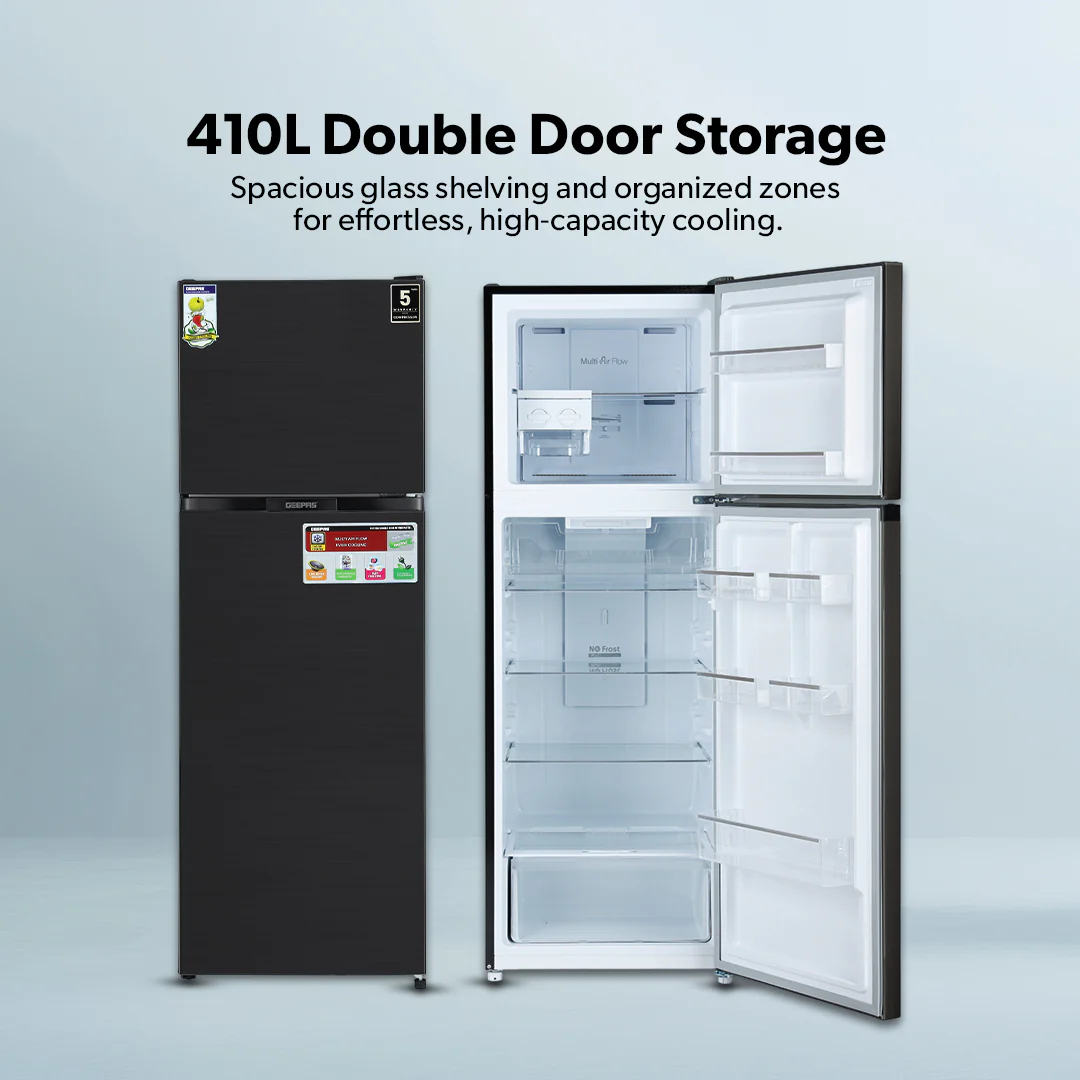 Geepas GRF4120SSXN 410L Double Door No Frost Refrigerator | Dual Temperature Setting| Quick Cooling| Long-Lasting Freshness| Low Noise & Energy Saving| 1 Year Warranty - Image 4