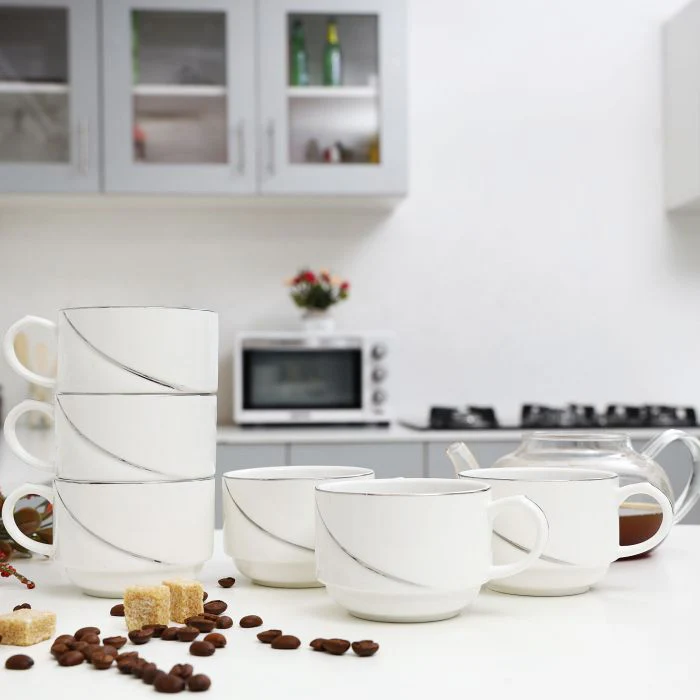 New Bone China Cups with Silver Line, 6 Pcs - Image 5
