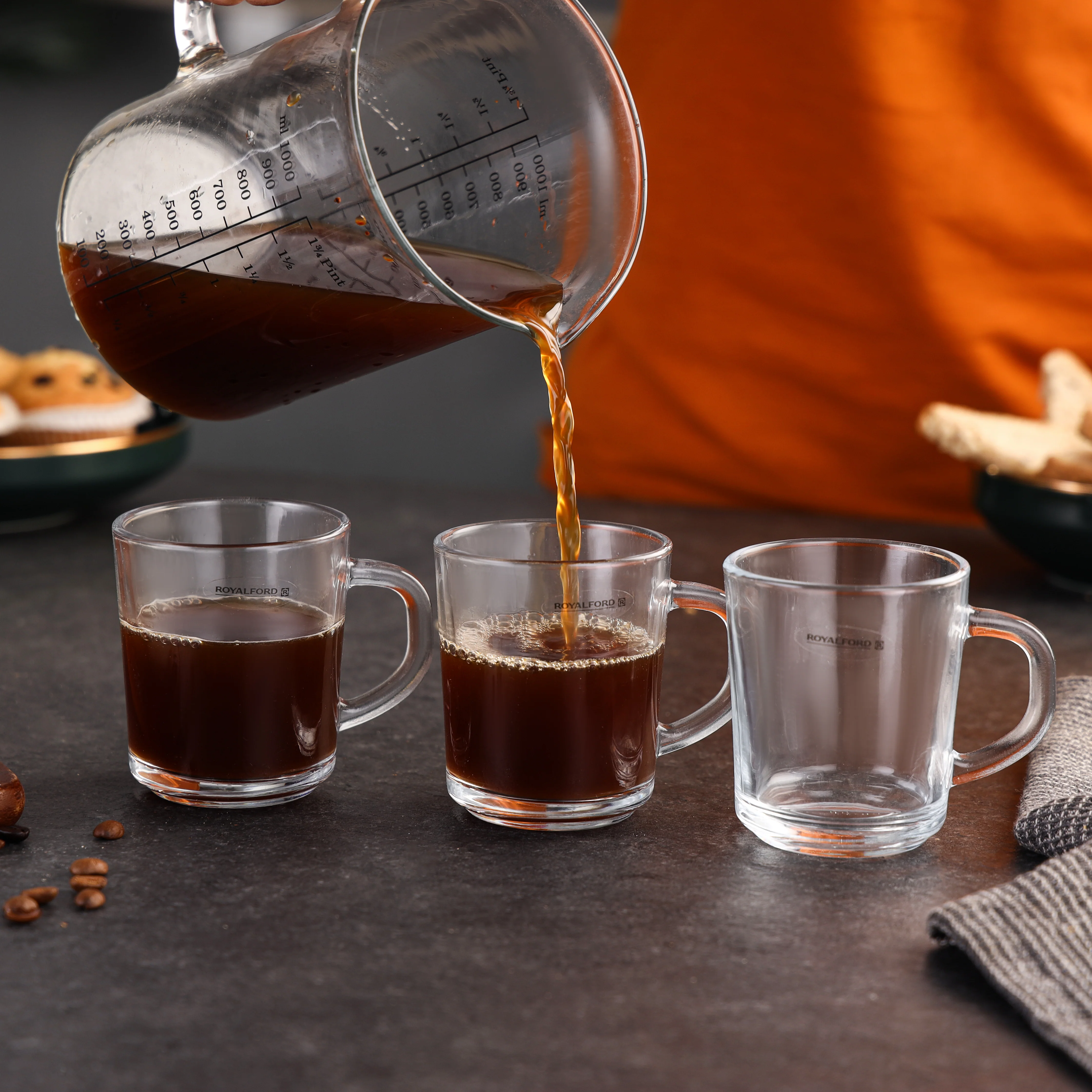 Royalford RF2752-GW glass tumbler set 220ml 3pcs| made from durable clear glass with ergonomic handles| ideal for tea, coffee & beverages, perfect for daily use| - Image 2