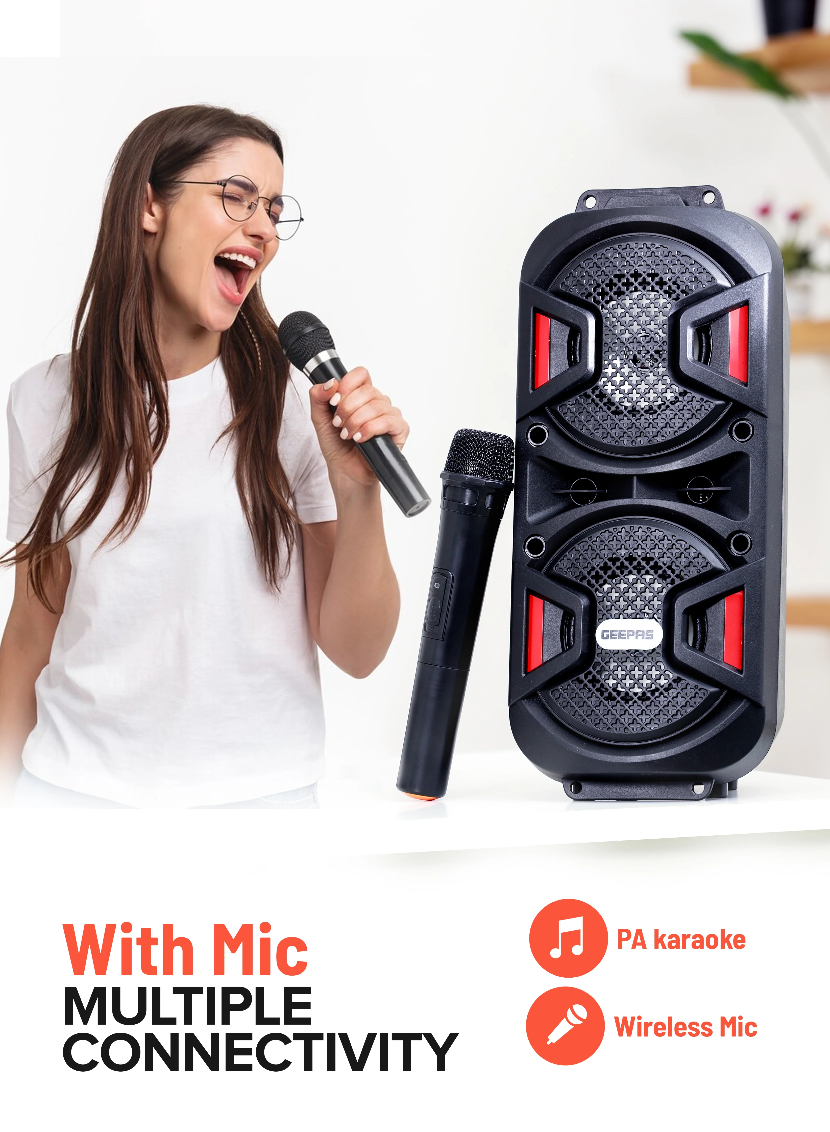 Geepas GMS11187 Rechargeable Portable Speaker | 25000W PMPO Powerful Sound| Dual 4” Woofer| Bluetooth| USB/TF/FM, TWS| Mic Input| Remote Control & 2 Years Warranty - Image 3