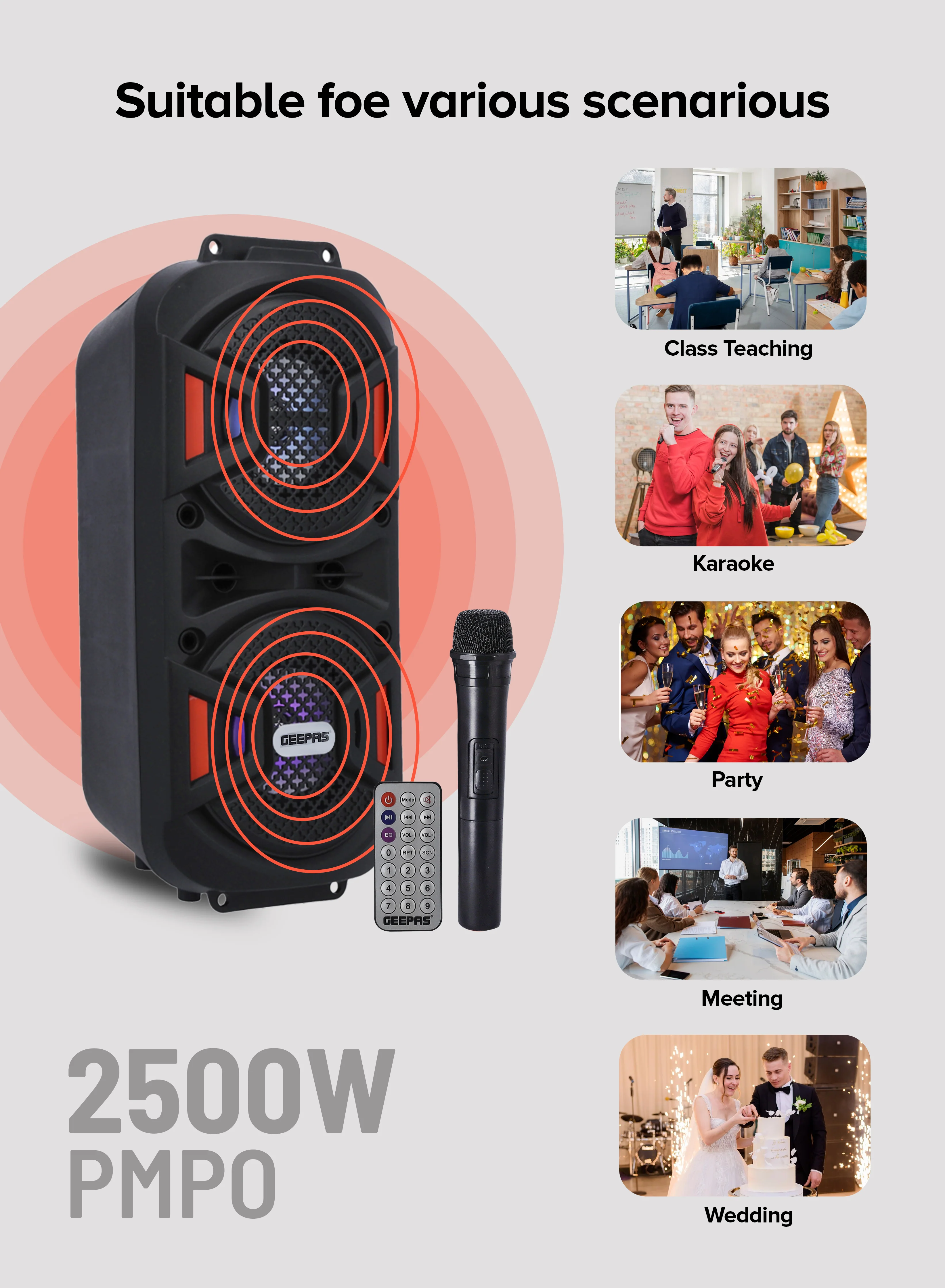 Geepas GMS11187 Rechargeable Portable Speaker | 25000W PMPO Powerful Sound| Dual 4” Woofer| Bluetooth| USB/TF/FM, TWS| Mic Input| Remote Control & 2 Years Warranty - Image 4