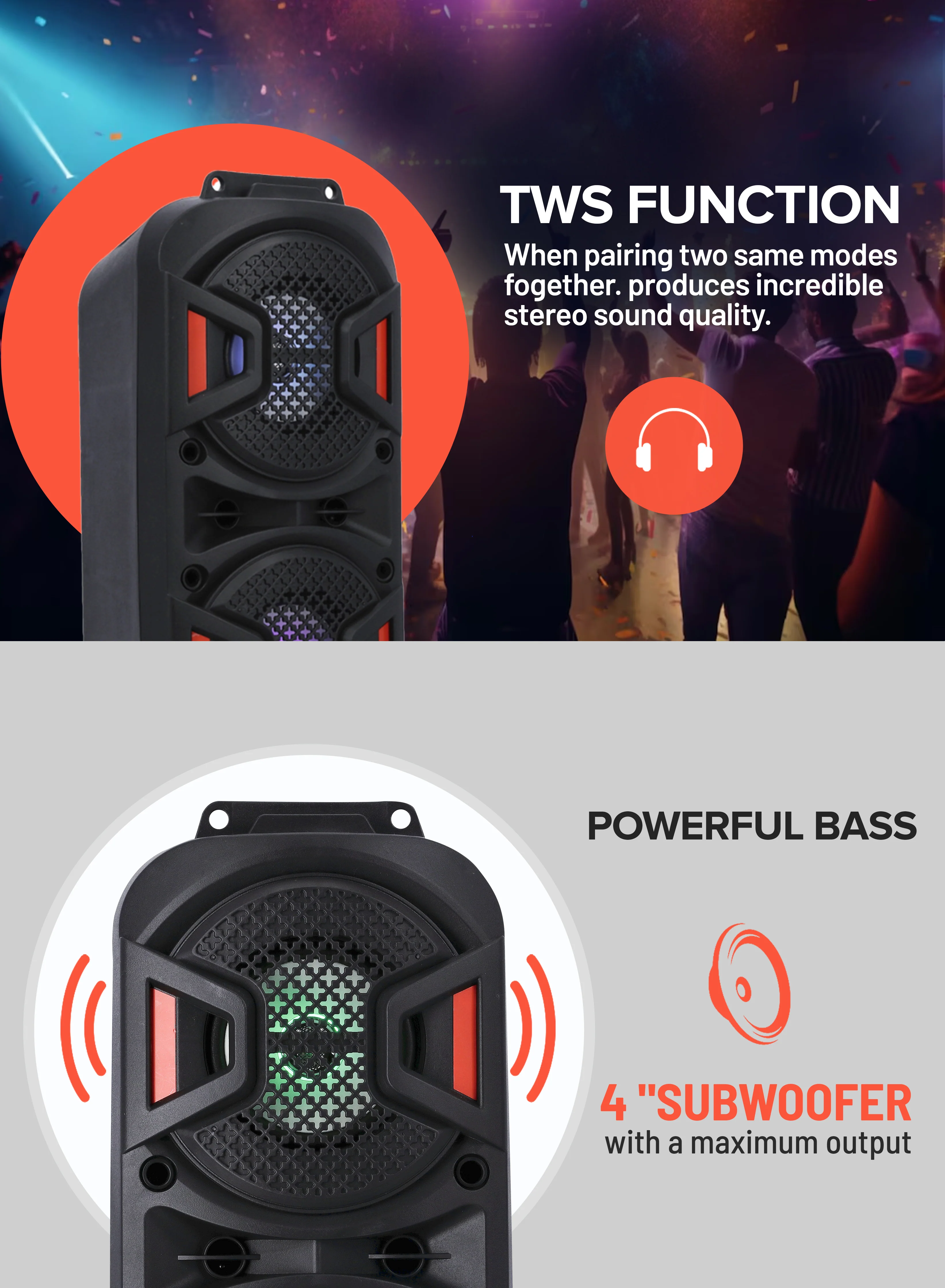 Geepas GMS11187 Rechargeable Portable Speaker | 25000W PMPO Powerful Sound| Dual 4” Woofer| Bluetooth| USB/TF/FM, TWS| Mic Input| Remote Control & 2 Years Warranty - Image 5