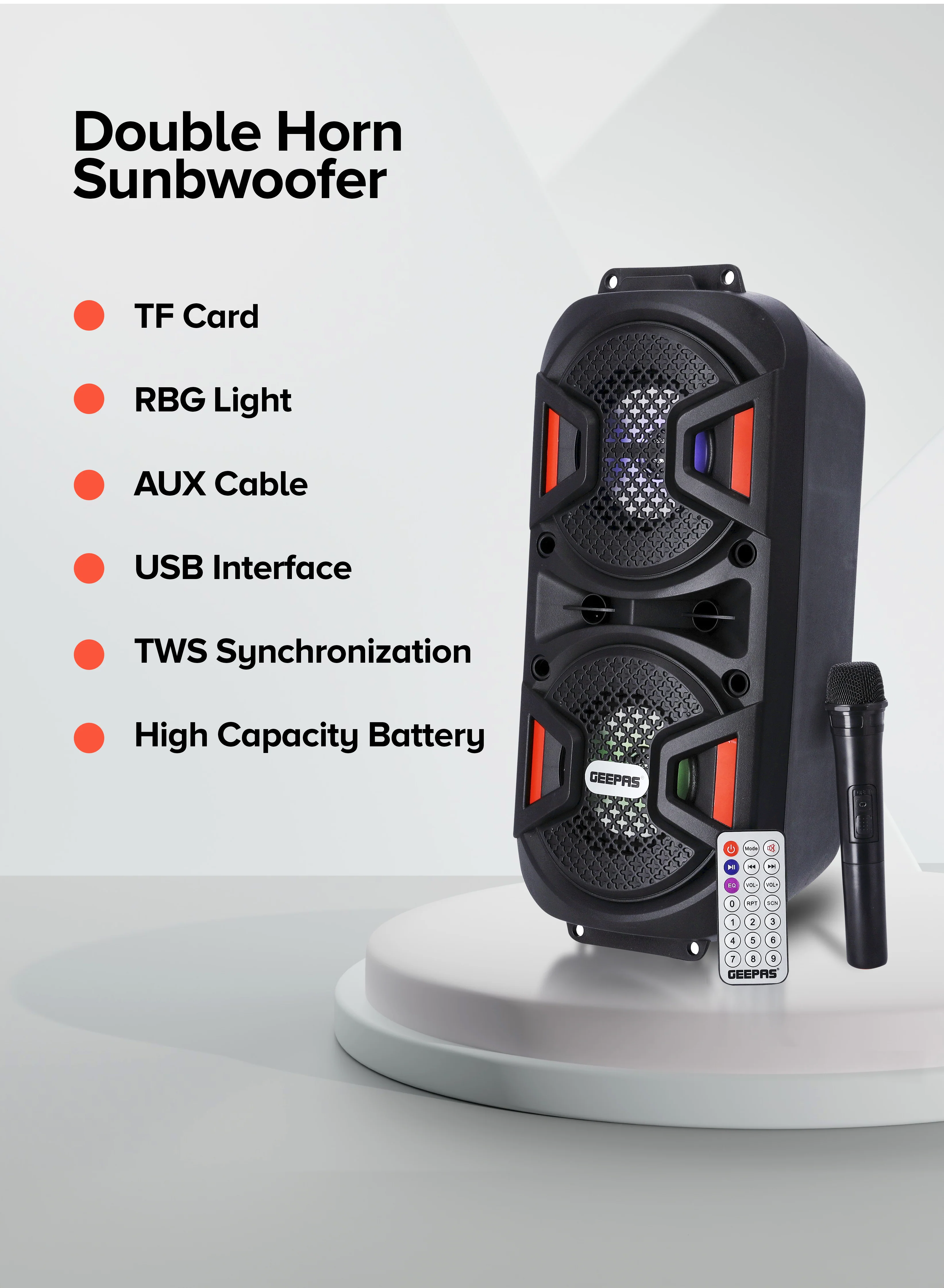 Geepas GMS11187 Rechargeable Portable Speaker | 25000W PMPO Powerful Sound| Dual 4” Woofer| Bluetooth| USB/TF/FM, TWS| Mic Input| Remote Control & 2 Years Warranty - Image 6
