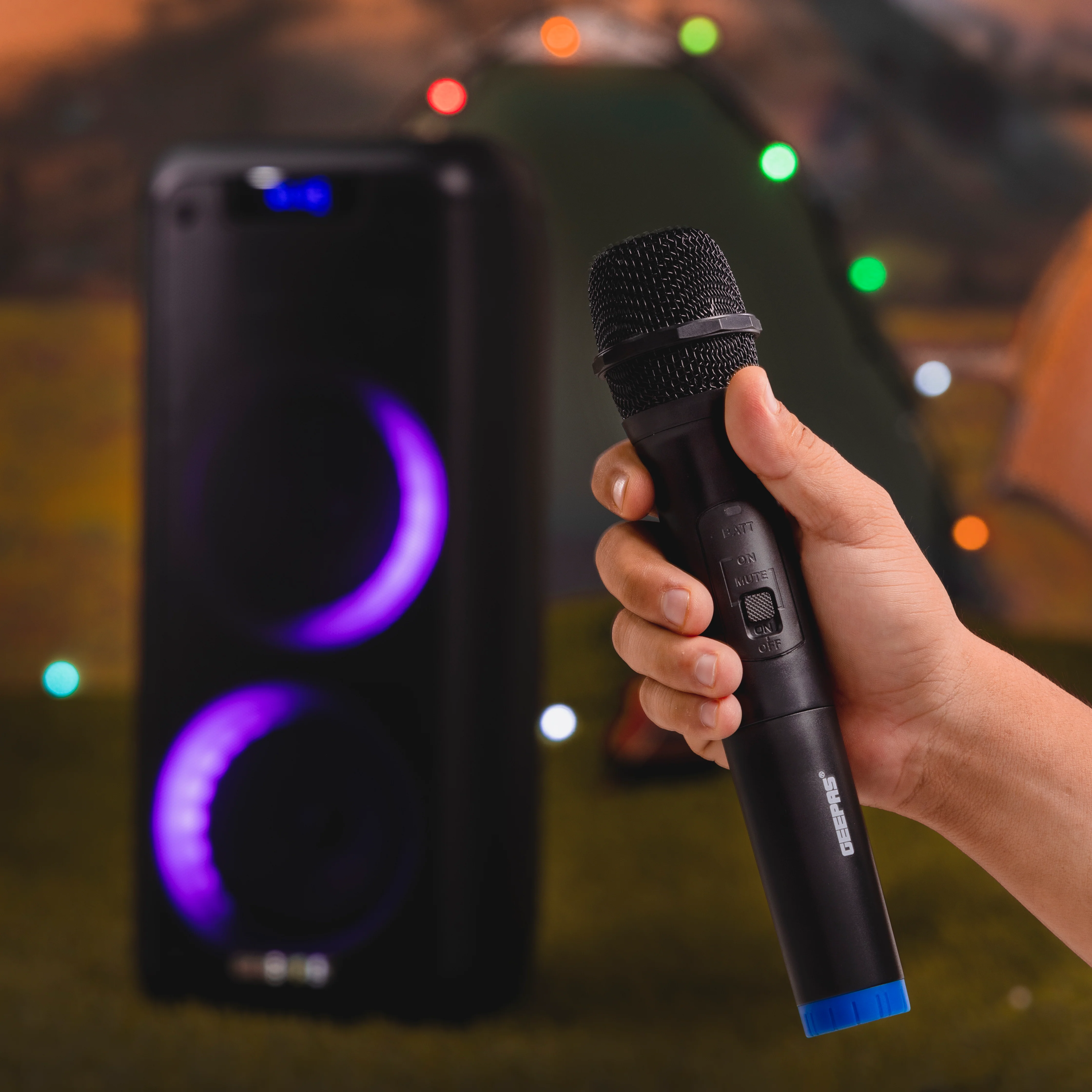 Geepas GMS11168 Rechargeable Professional Speaker | 40000W PMPO| Bluetooth & TWS| Dual Mic Input| LED Lights| USB/TF/FM/AUX| 7.4V/3600mAh Battery| 2 Years Warranty - Image 2