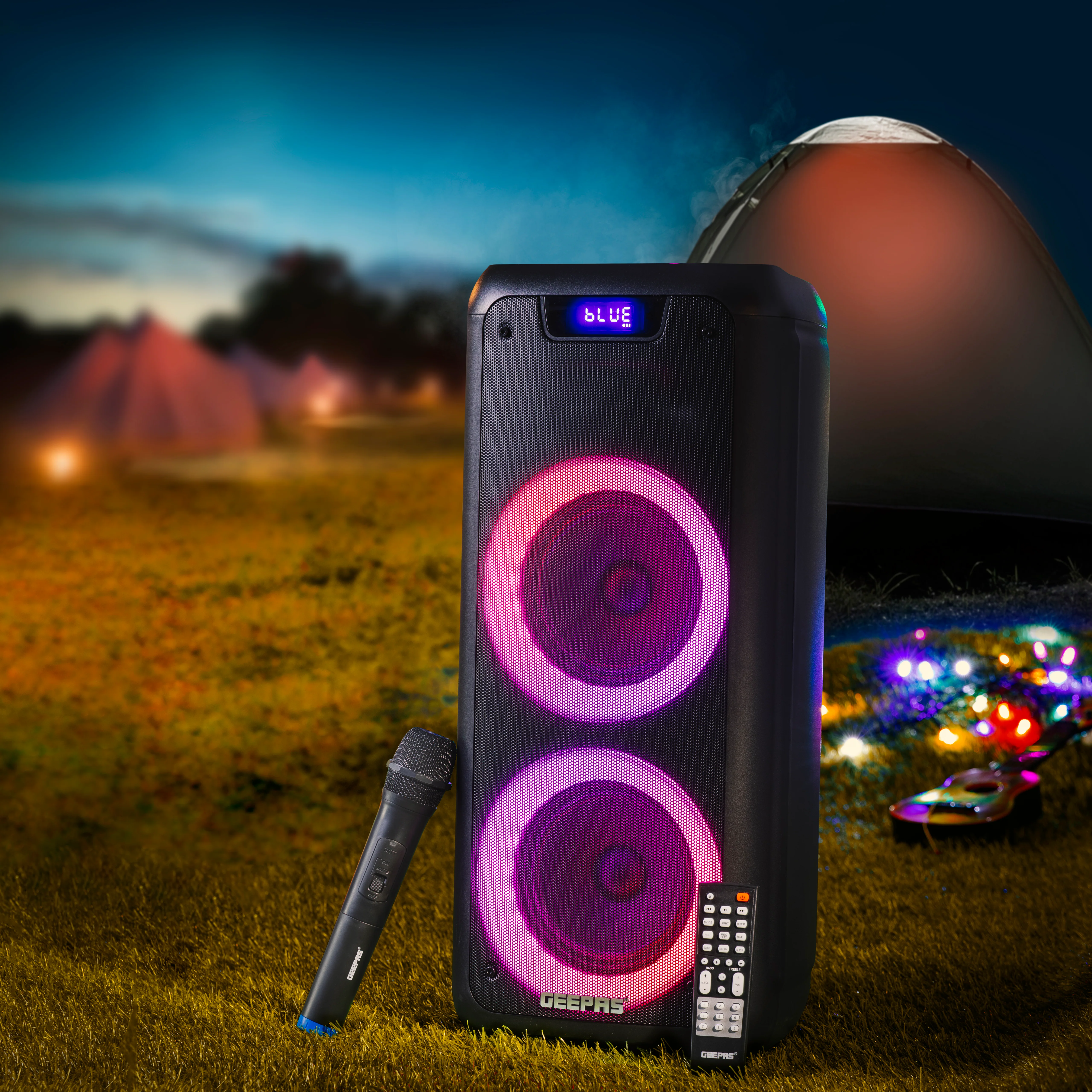 Geepas GMS11168 Rechargeable Professional Speaker | 40000W PMPO| Bluetooth & TWS| Dual Mic Input| LED Lights| USB/TF/FM/AUX| 7.4V/3600mAh Battery| 2 Years Warranty - Image 4