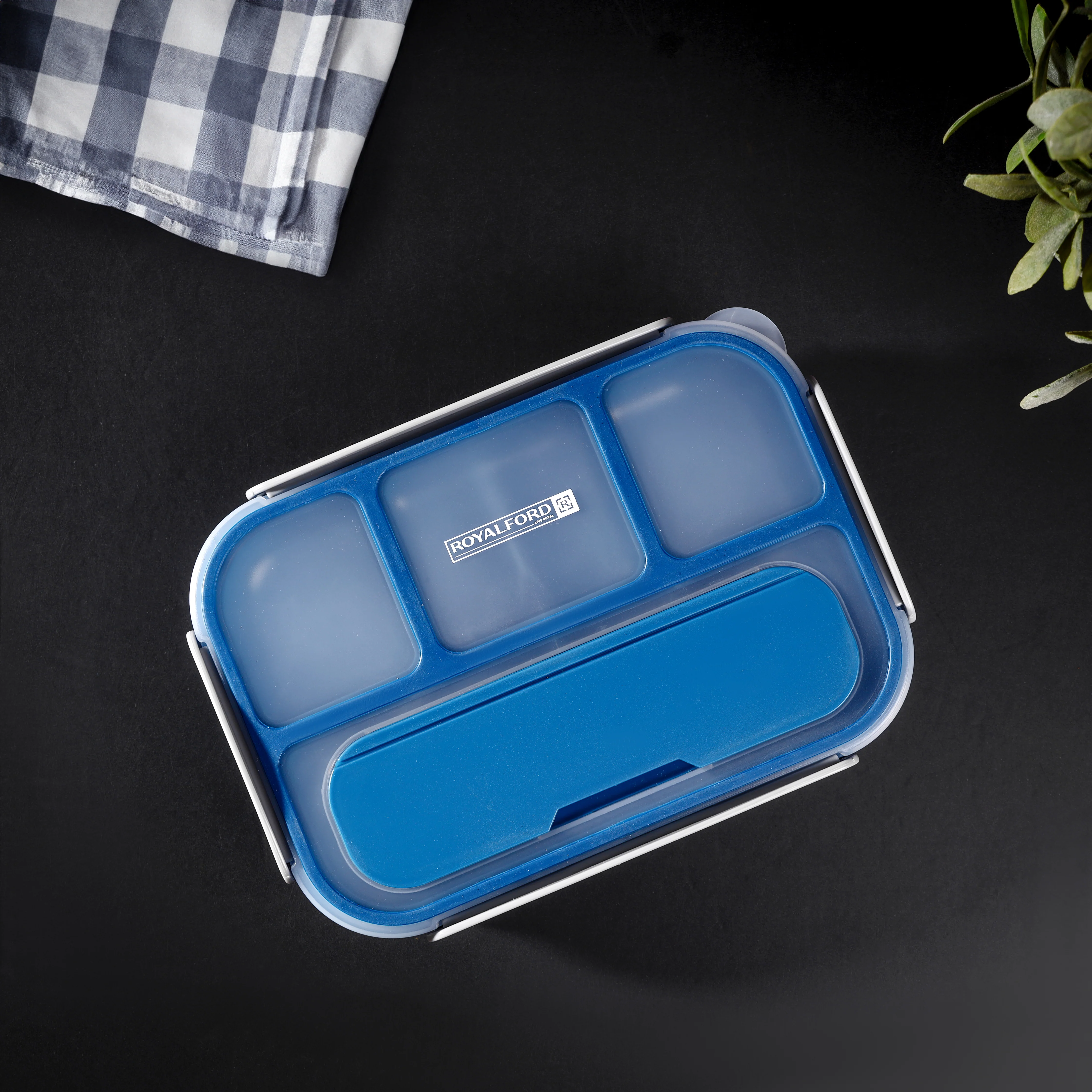 Royalford 1000 ml Lunch Box with Cutlery- RF12595/ Rectangle Tiffin with Transparent Lid, Spoon and 4 Compartments/ Plastic, for Kids and Adults for Schools and Offices - Image 2