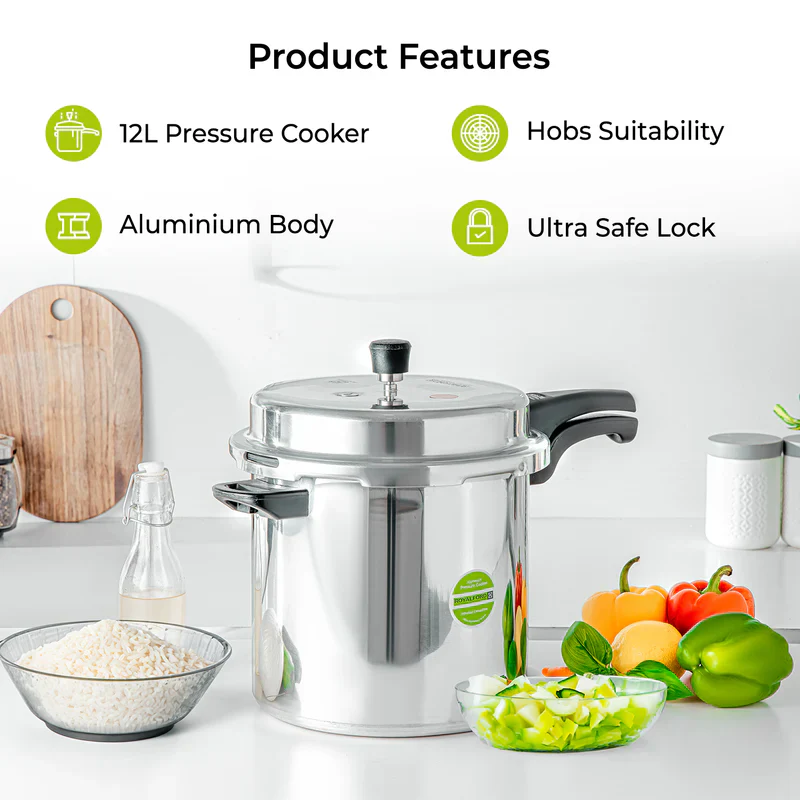 Royalford 12L Induction Pressure Cooker RF11645 | Strong Virgin Aluminium Body| Improved Pressure Regulator|  Multi-Safety System| Free Gasket & 2-Year Warranty - Image 3
