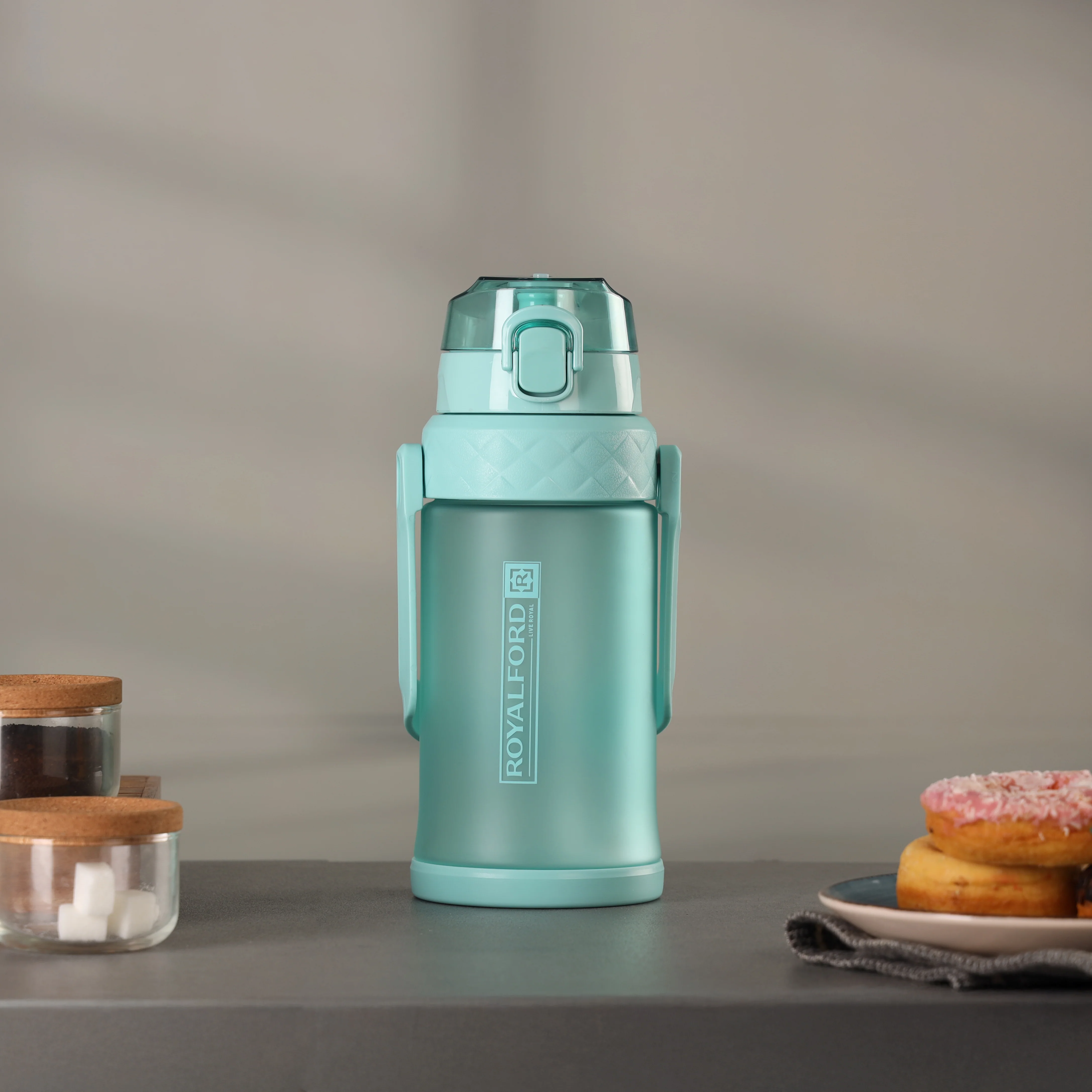 Royalford 1500 ml Water Bottle- RF12163/ Plastic Bottles with Flip Lid, Silicone Sipper and Straw, Strap, with Carry Handle/ Perfect for School, Office and Gym - Image 3