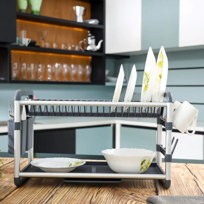 Royalford 2 layer Aluminum Dish Rack- RF12179/ Organizer for Kitchen to Keep 21 Plates, Bowls, Glasses, Cups, Cutlery/ Drying Stand with a Drain Tray, Compact and Stylish Design/ Rust-Proof and Hassle-Free Finish/ Black and Silver - Image 2