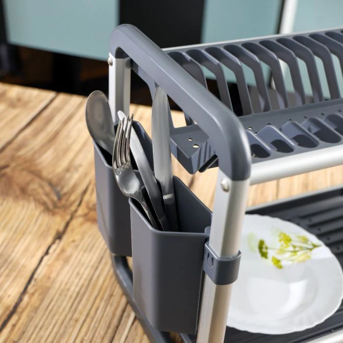 Royalford 2 layer Aluminum Dish Rack- RF12179/ Organizer for Kitchen to Keep 21 Plates, Bowls, Glasses, Cups, Cutlery/ Drying Stand with a Drain Tray, Compact and Stylish Design/ Rust-Proof and Hassle-Free Finish/ Black and Silver - Image 3
