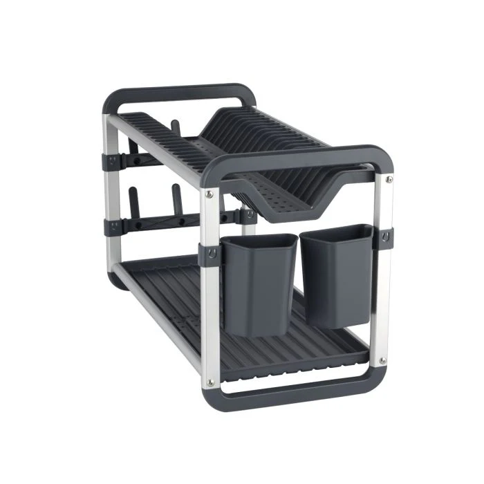 Royalford 2 layer Aluminum Dish Rack- RF12179/ Organizer for Kitchen to Keep 21 Plates, Bowls, Glasses, Cups, Cutlery/ Drying Stand with a Drain Tray, Compact and Stylish Design/ Rust-Proof and Hassle-Free Finish/ Black and Silver - Image 4