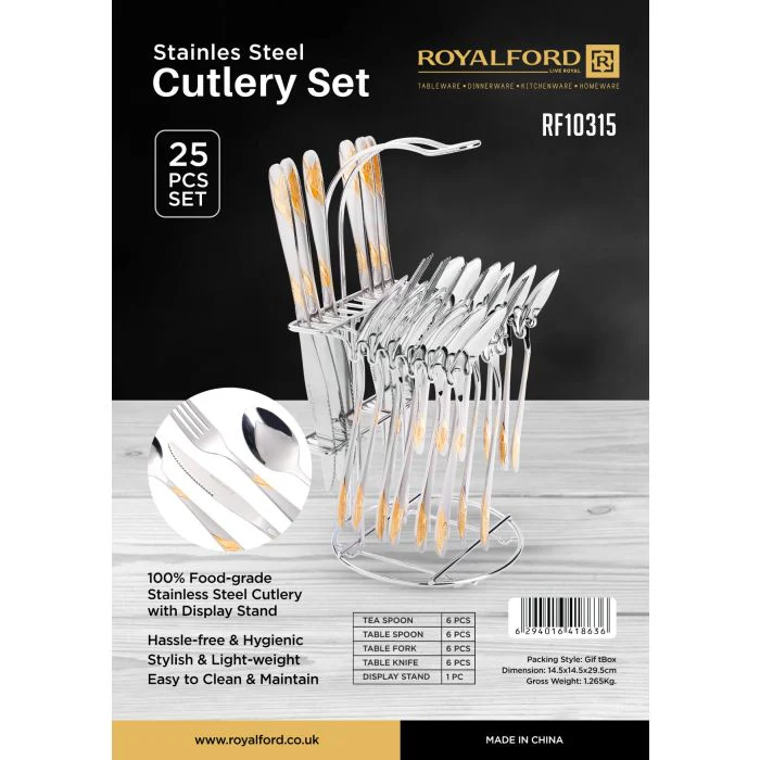Royalford 25-Piece Stainless Steel Cutlery Set with Display Stand- RF10315| Includes 6 Teaspoons, 6 Tablespoons, 6 Table Forks, 6 Table Knives and a Stand| 100% Food-Grade, Light-Weight and Stylish| Suitable for Dining Table - Image 3