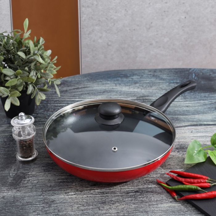 Royalford 26 CM Aluminum Fry Pan- RF11977| With Tempered Glass Lid, Strong Aluminum Body With Non-Stick Coating And Bakelite Handle| Compatible With Hot Plate, Halogen, Ceramic And Gas Stovetops| Perfect For Frying, Sauting, Tempering| Red - Image 5