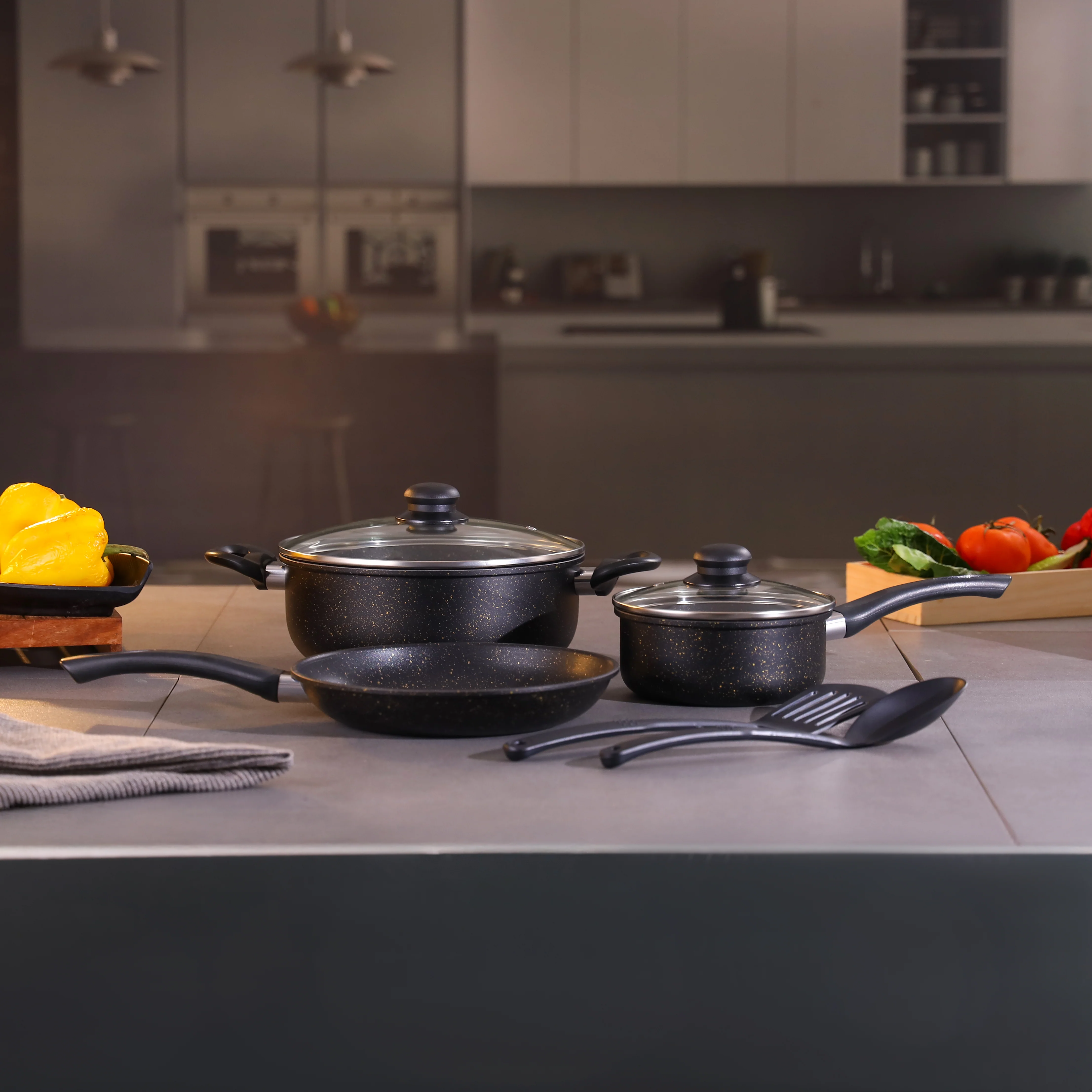 Royalford Elite RF12622 7-Pcs Forged Aluminium Cookware Set | Granite Non-Stick Coating| Glass Lids & Nylon Tools | PTFE & PFOA Free | 5-Layer Durable Construction - Image 2
