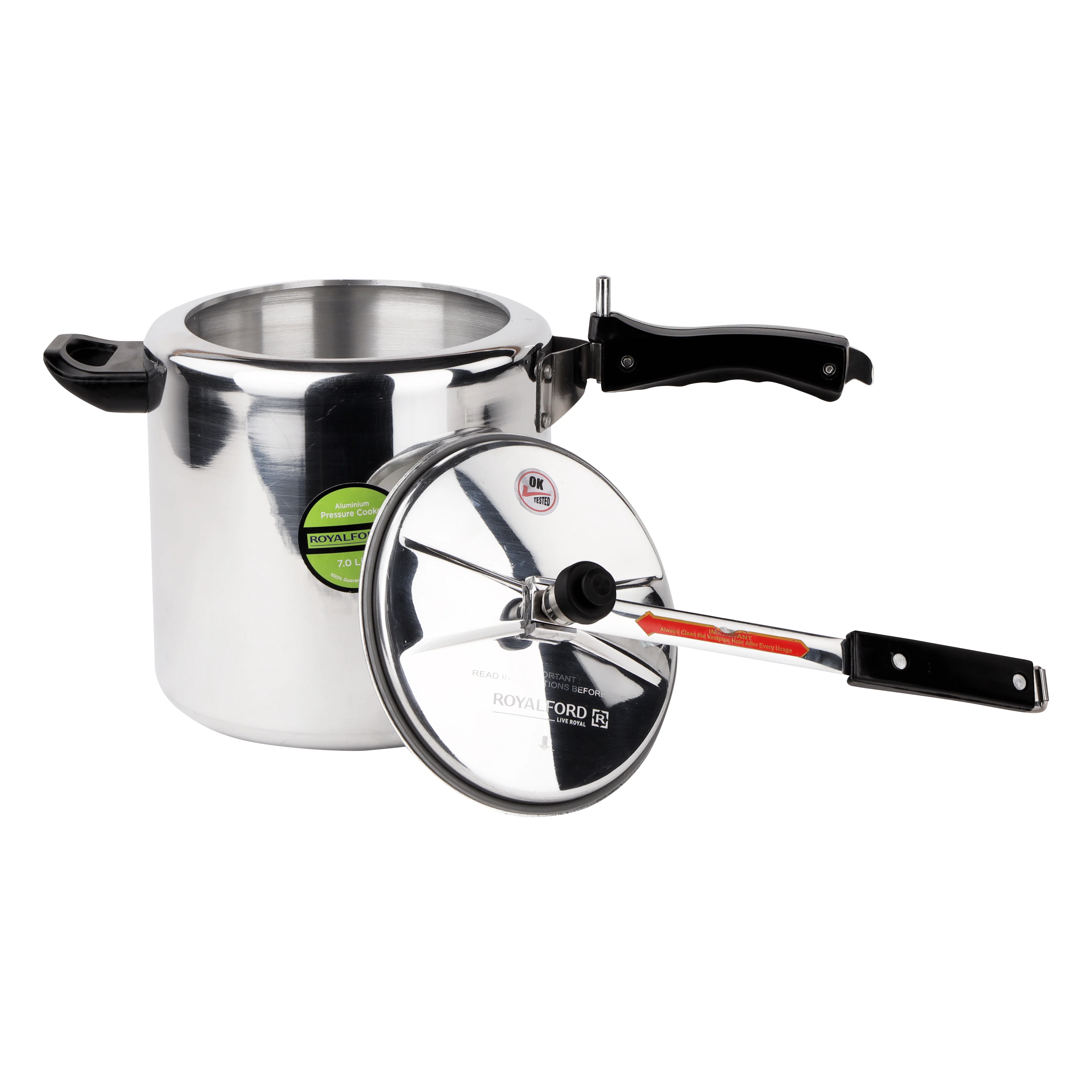 Royalford RF10014 7L Aluminium Inner Lid Pressure Cooker | Virgin Aluminium Body | Improved Pressure Regulator | Free Extra Gasket & Safety Valve | Efficient Cooking - Image 3