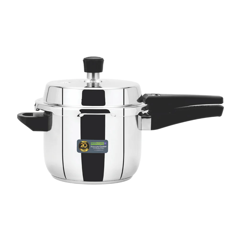 Royalford RF10184N 3L stainless steel pressure cooker with induction compatibility| durable mirror finish body with improved pressure regulator, strong handles