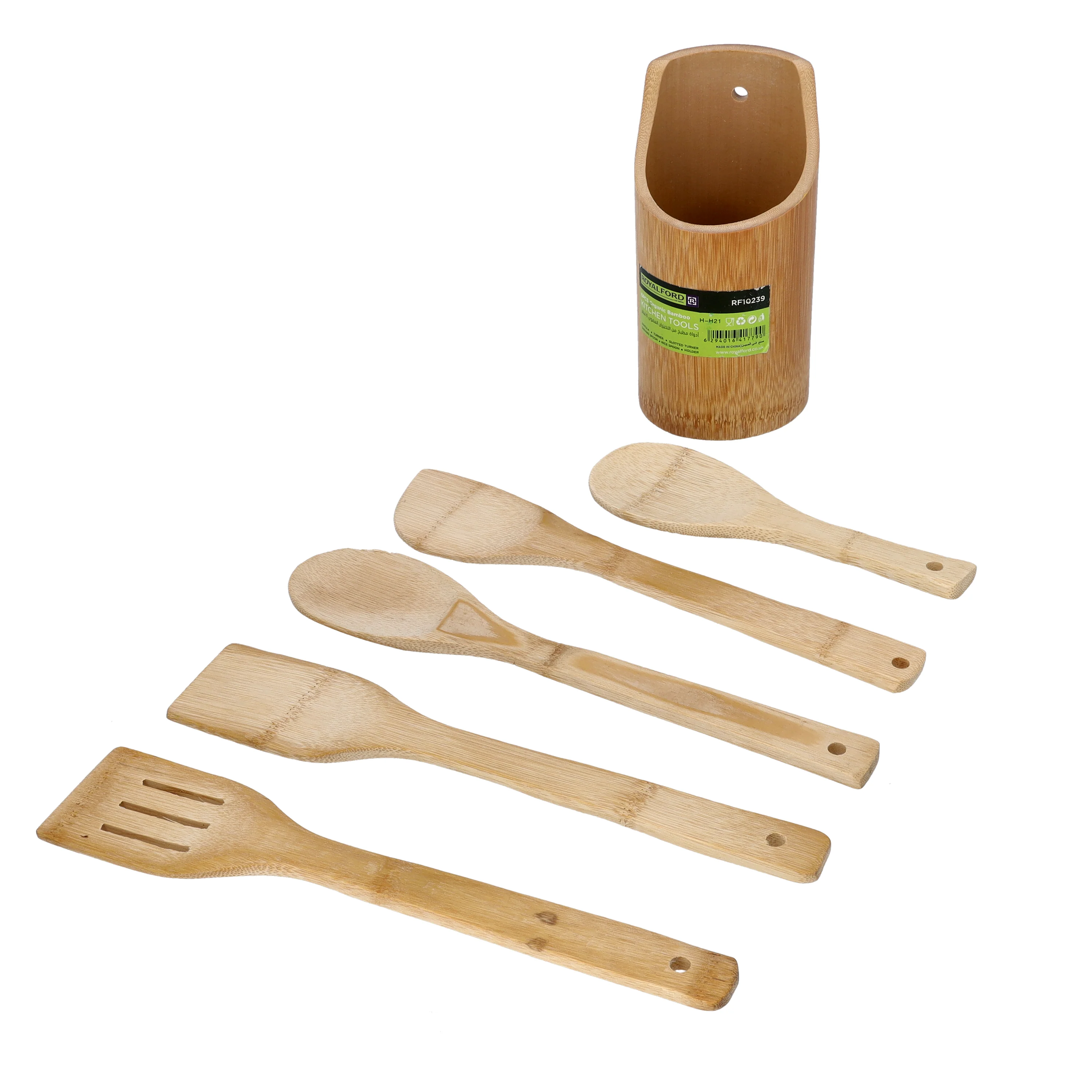 Royalford RF10239 6 Pcs Organic Bamboo Kitchen Tools Set | Eco Friendly Natural Bamboo Cooking Utensils Set with Spatula, Turner, Slotted Turner, Spoon & Rice Spoon - Image 2