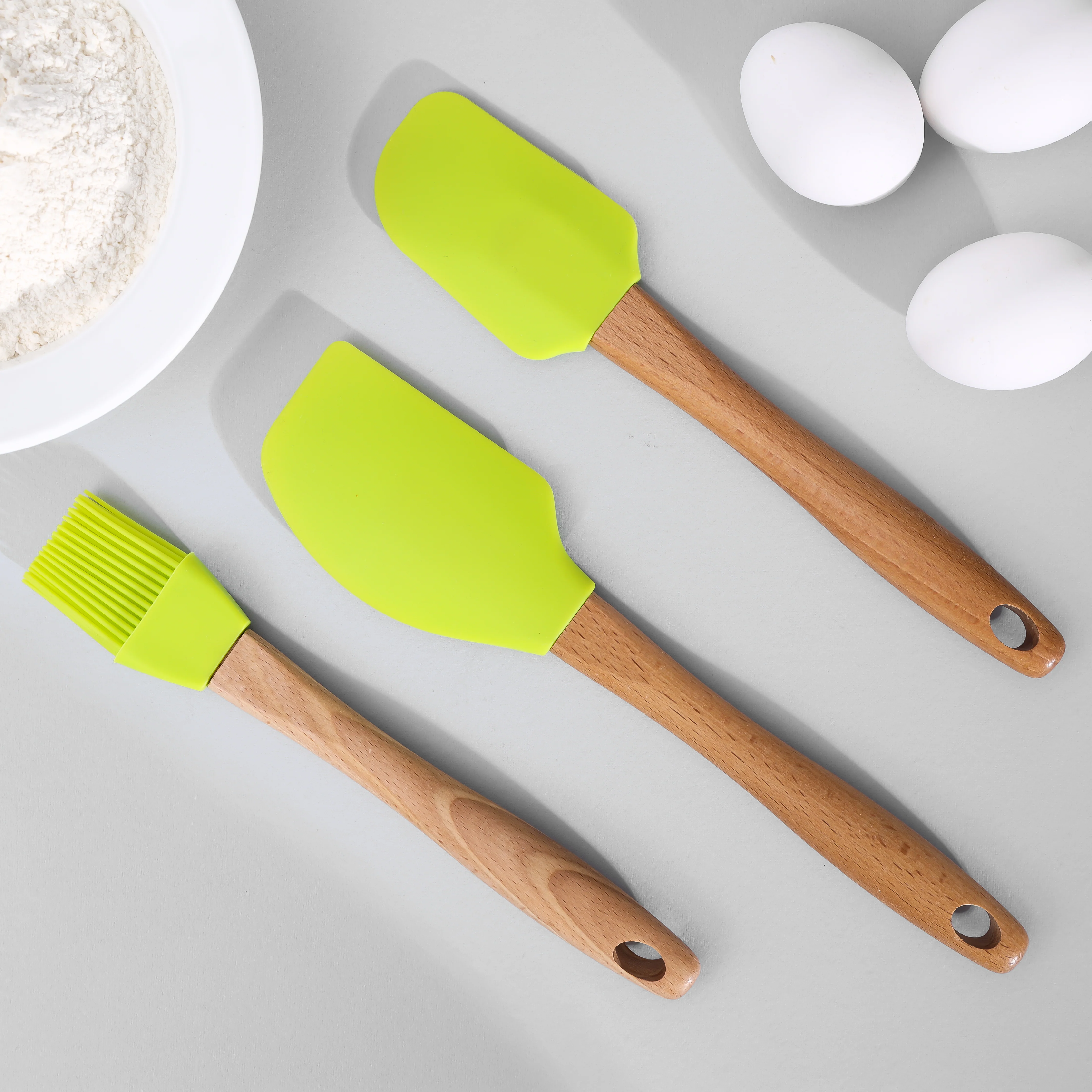 Royalford RF10274 3PCS Silicone Kitchen Tools Set | Wooden Handles |  Heat Resistant Food Grade Spatulas & Basting Brush for Baking, Mixing, Cooking & Non-Stick Cookware - Image 2