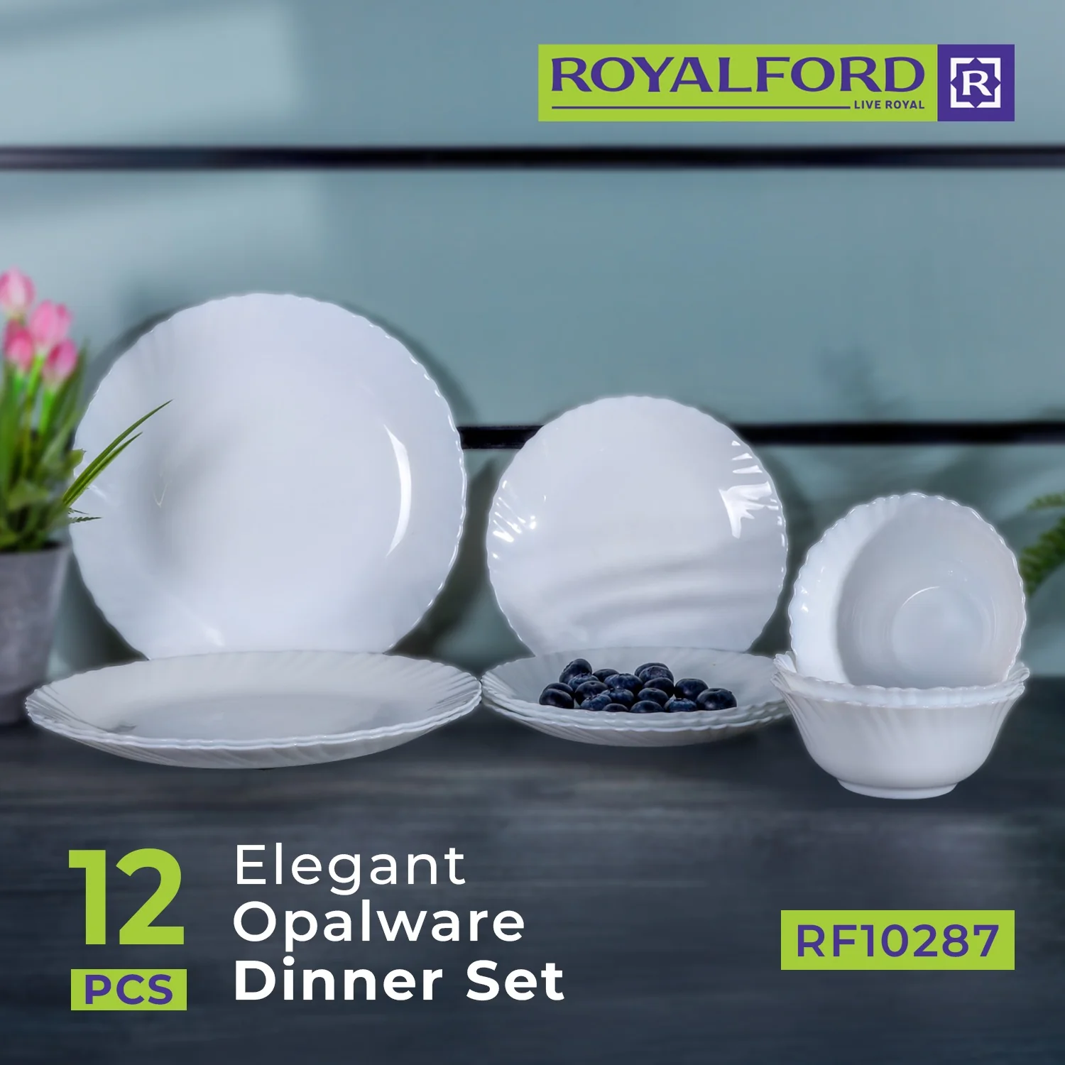 Royalford RF10287 12-Piece Opalware Dinner Set |  Elegant White Tableware with Durable Opal Glass Material | Dishwasher Safe | Freezer Safe |  Lightweight Design - Image 2