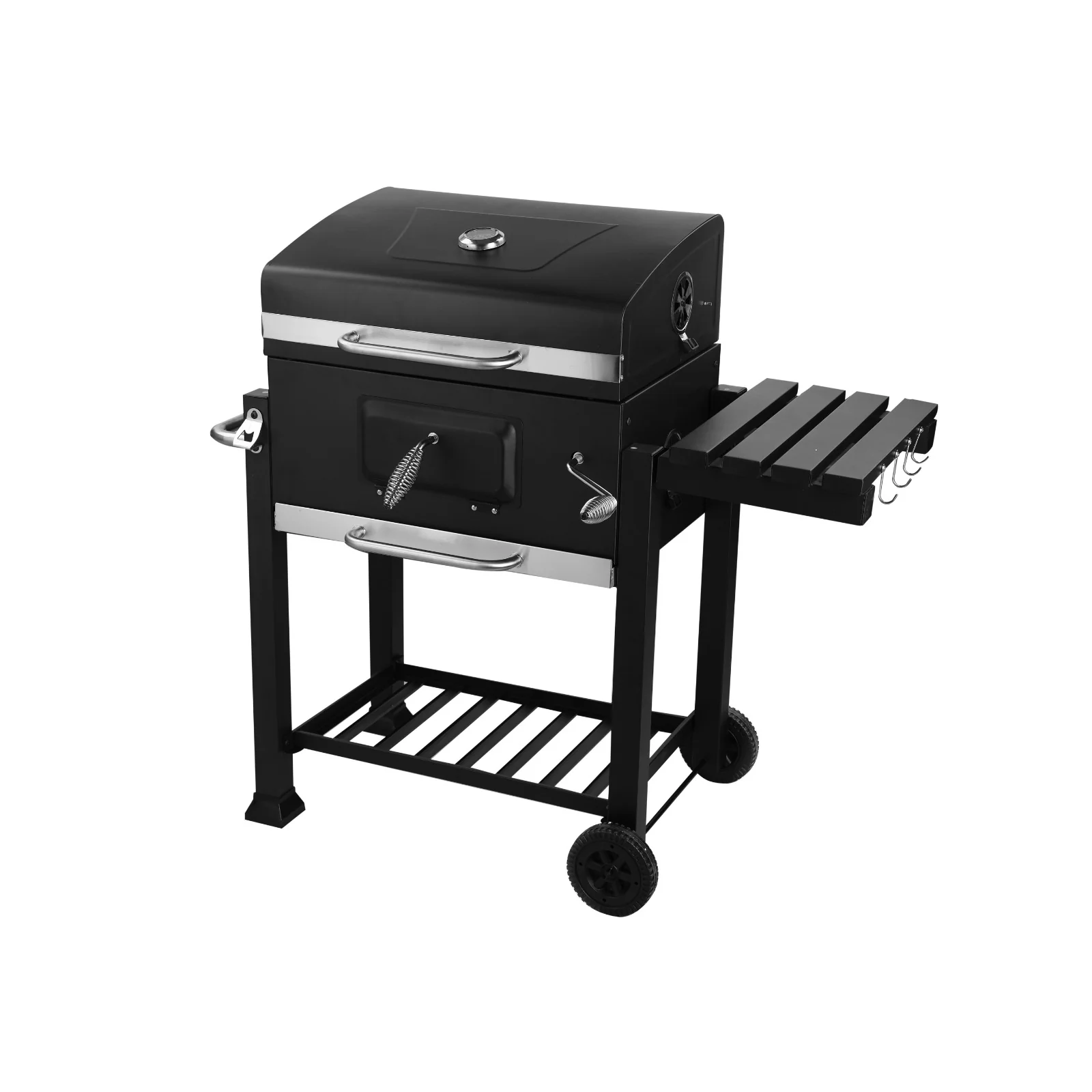 Royalford RF10355 Wheeled Barbecue Stand with Grill | Heavy-Duty Iron Charcoal BBQ Grill with Lid | Built-in Thermometer | Side Shelf | Large Cooking Area for Outdoor Use - Image 3