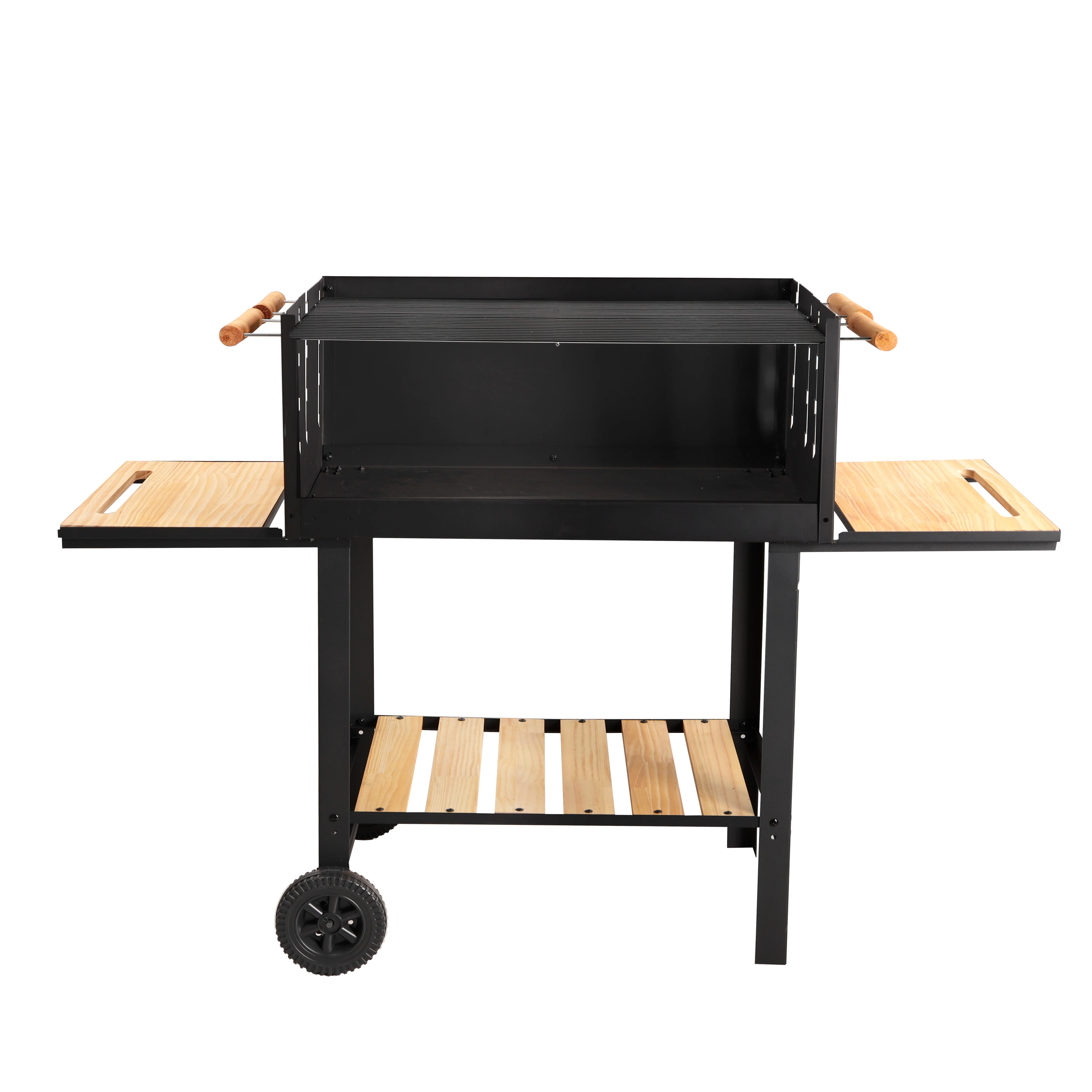 Royalford RF10369 Barbecue Stand with Grill | Durable Iron Charcoal BBQ Grill with Large Cooking Area | Side Wooden Shelves | Wheels & Easy Outdoor Grilling Design