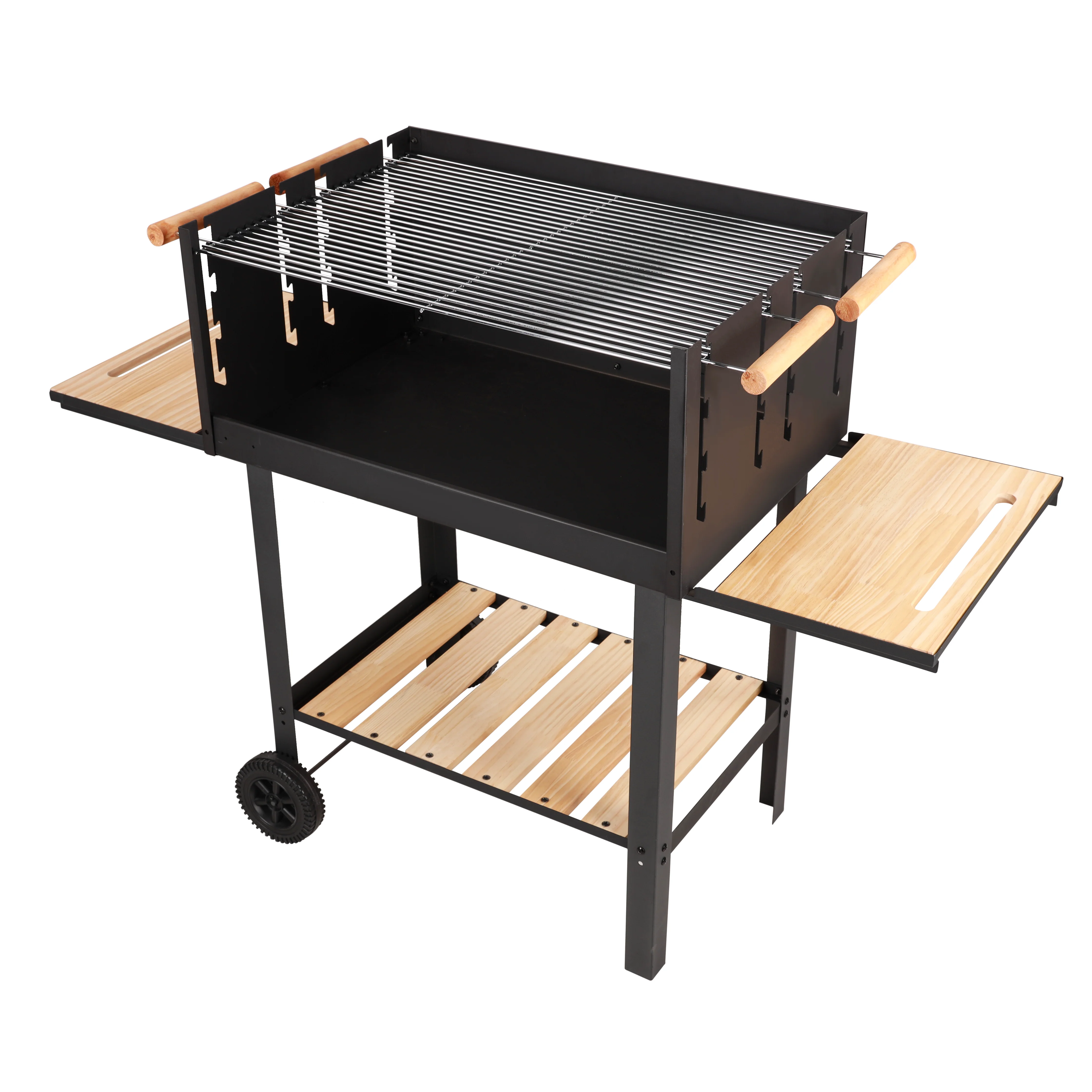 Royalford RF10369 Barbecue Stand with Grill | Durable Iron Charcoal BBQ Grill with Large Cooking Area | Side Wooden Shelves | Wheels & Easy Outdoor Grilling Design - Image 2