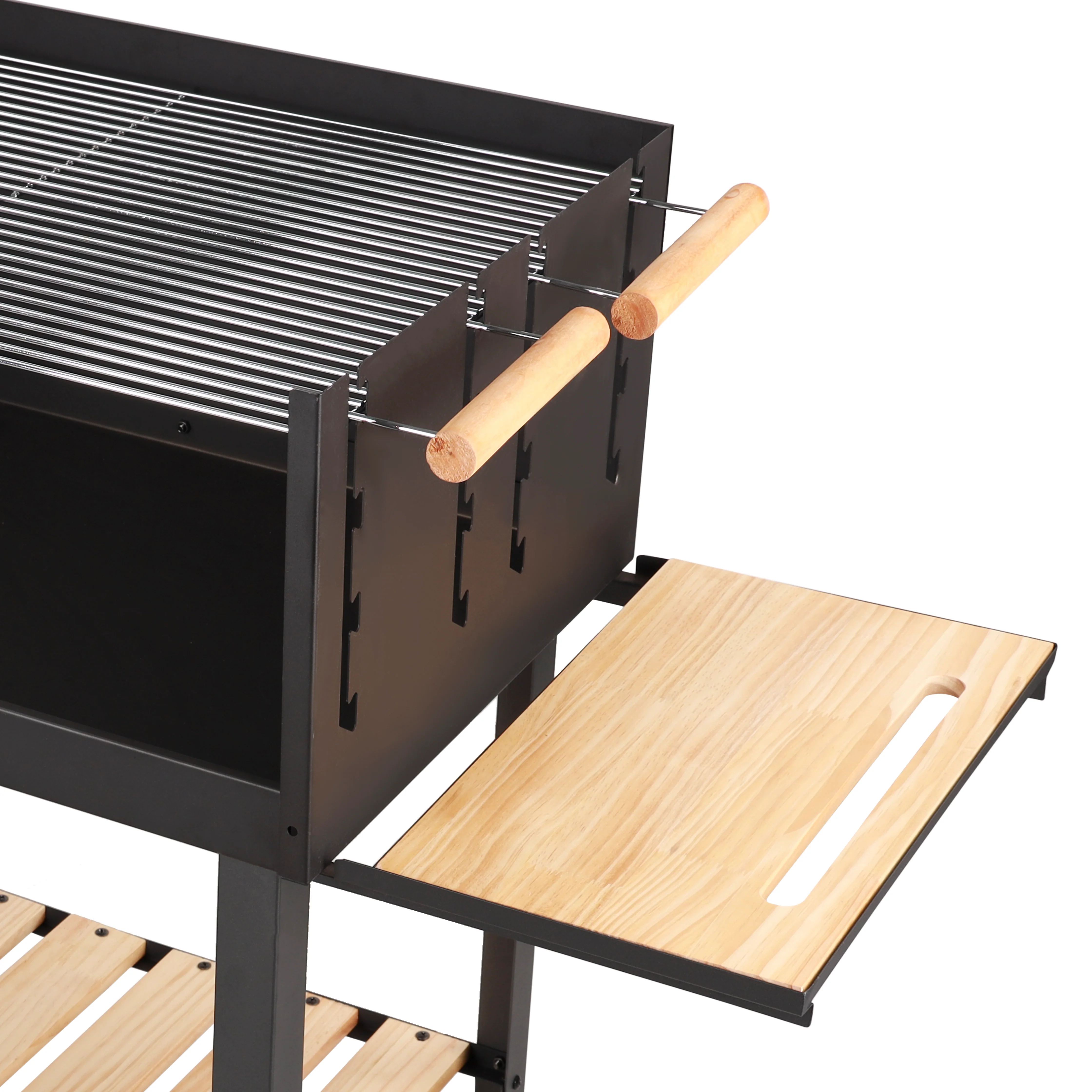 Royalford RF10369 Barbecue Stand with Grill | Durable Iron Charcoal BBQ Grill with Large Cooking Area | Side Wooden Shelves | Wheels & Easy Outdoor Grilling Design - Image 3