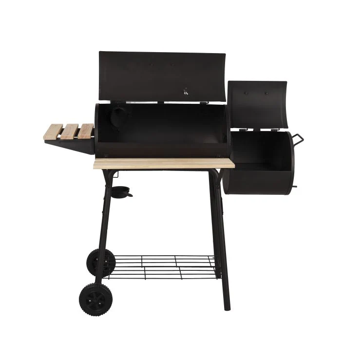 Royalford RF10370 Barbecue Stand with Grill | Durable Iron Construction for Long-Lasting Performance | Large Cooking Area| Wooden Side Tables| Storage Rack & Wheels - Image 3