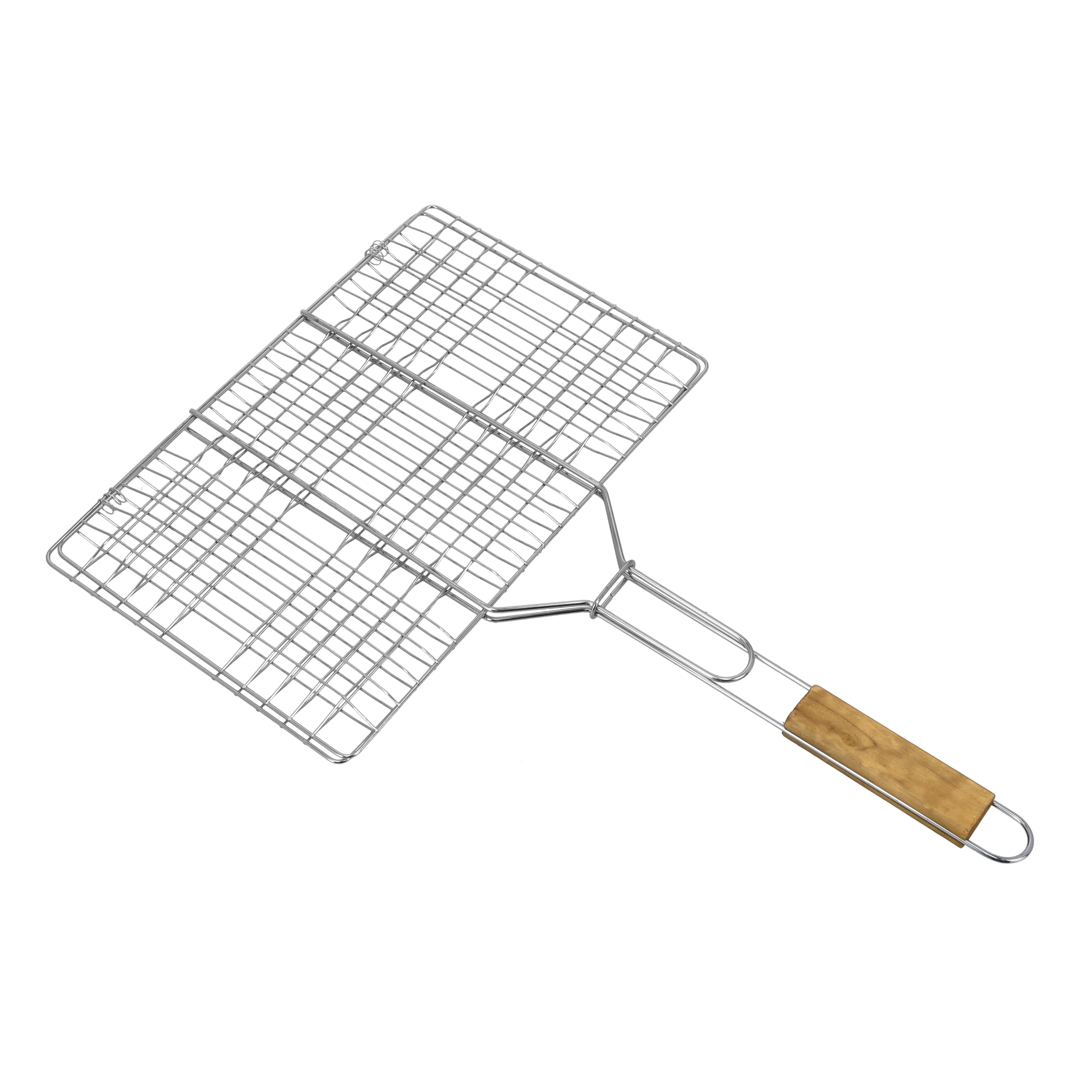 Royalford RF10371 BBQ Grill | Chromium Plated Iron Grill Net with Wooden Handle | Portable Barbecue Rack for Fish, Meat & Vegetables | Outdoor Camping BBQ Cooking Tool