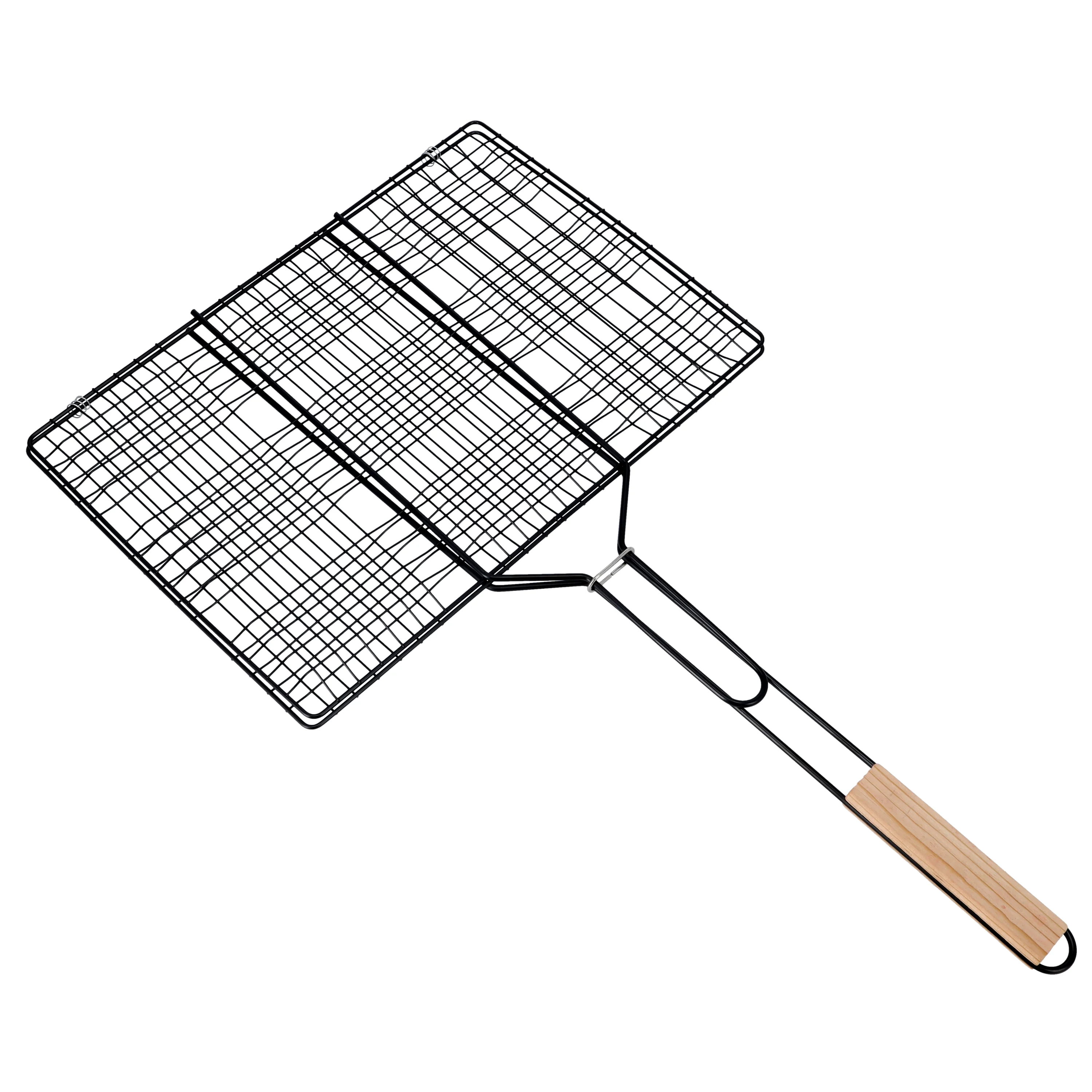 Royalford RF10374 Barbecue Grill Rack | Heavy Duty E-Coated Iron BBQ Grilling Basket | Heat Resistant Wooden Handle for Chicken, Fish, Meat & Vegetables Outdoor Use