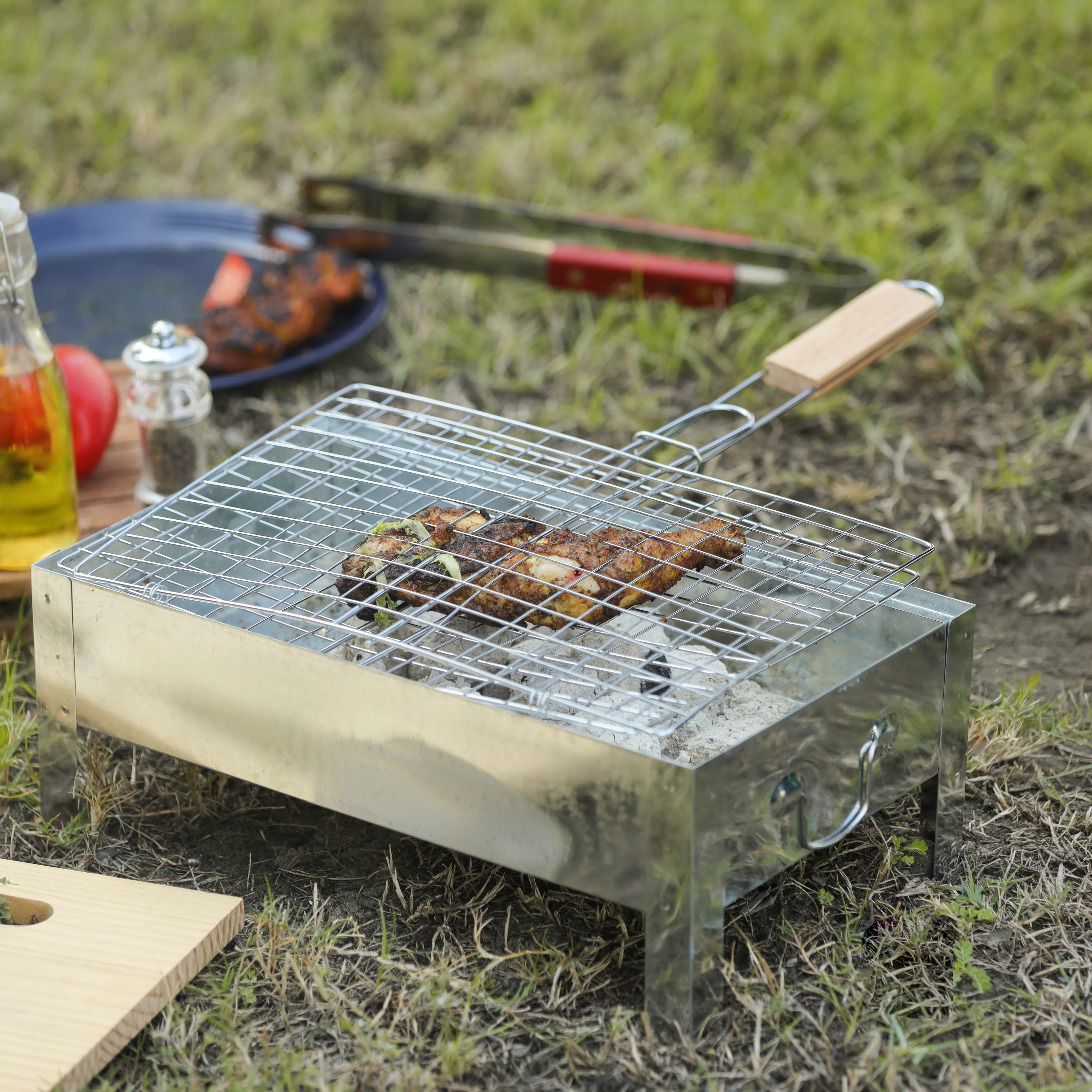 Royalford RF10377 BBQ Grill plated iron| wooden handle with chrome-plated rack| for grilling fish, meat & vegetables, ensures even heat, secure grip, easy to use| - Image 2