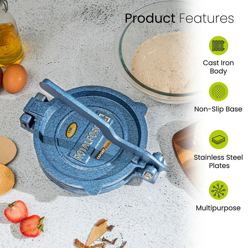 Royalford RF10408 Chapati Press | 20cm Heavy Cast Iron Body | Durable Stainless Steel Plate | Ideal for Making Roti, Poori & Tortilla | Easy Grip Handle & Non-Slip Base - Image 2