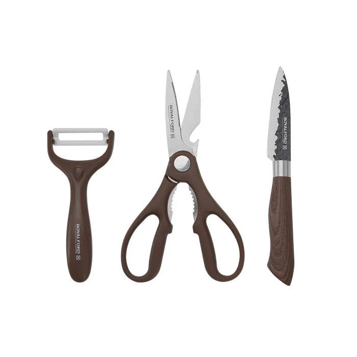 Royalford RF10462 EasyCut 6-Piece Kitchen Knife Set | Non-Stick Coated Stainless Steel Blades| Easy-Grip Wood-Finish Handles| Multifunctional Peeler & Scissors - Image 3