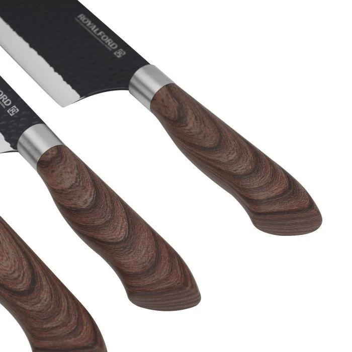 Royalford RF10462 EasyCut 6-Piece Kitchen Knife Set | Non-Stick Coated Stainless Steel Blades| Easy-Grip Wood-Finish Handles| Multifunctional Peeler & Scissors - Image 5