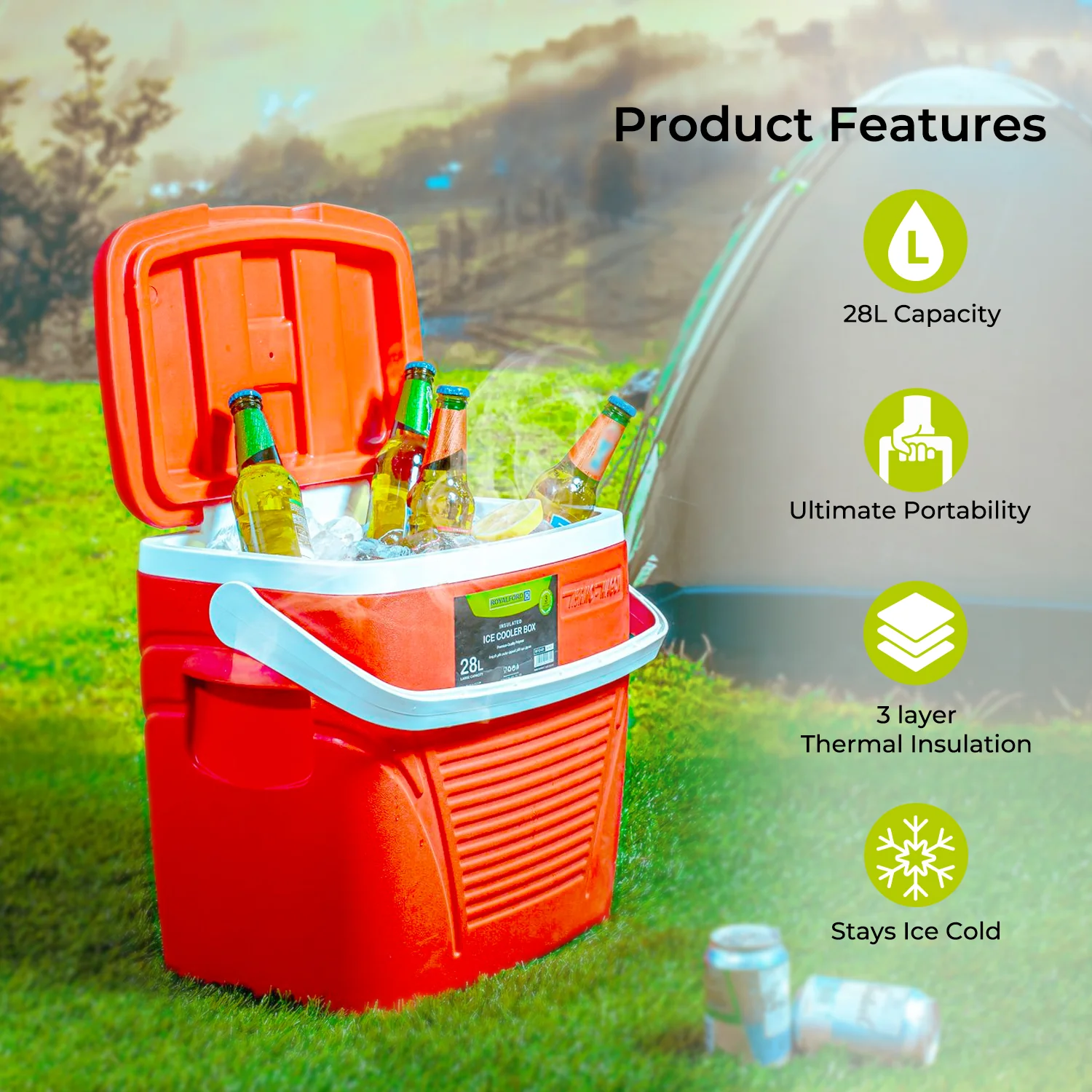 Royalford RF10481  Insulated Ice Cooler Box | 28L Capacity | Advanced 3-Layer Thermal Insulation | Durable HDPE Shell | High-Density PU Foam & Food-Grade PP Inner Wall - Image 4