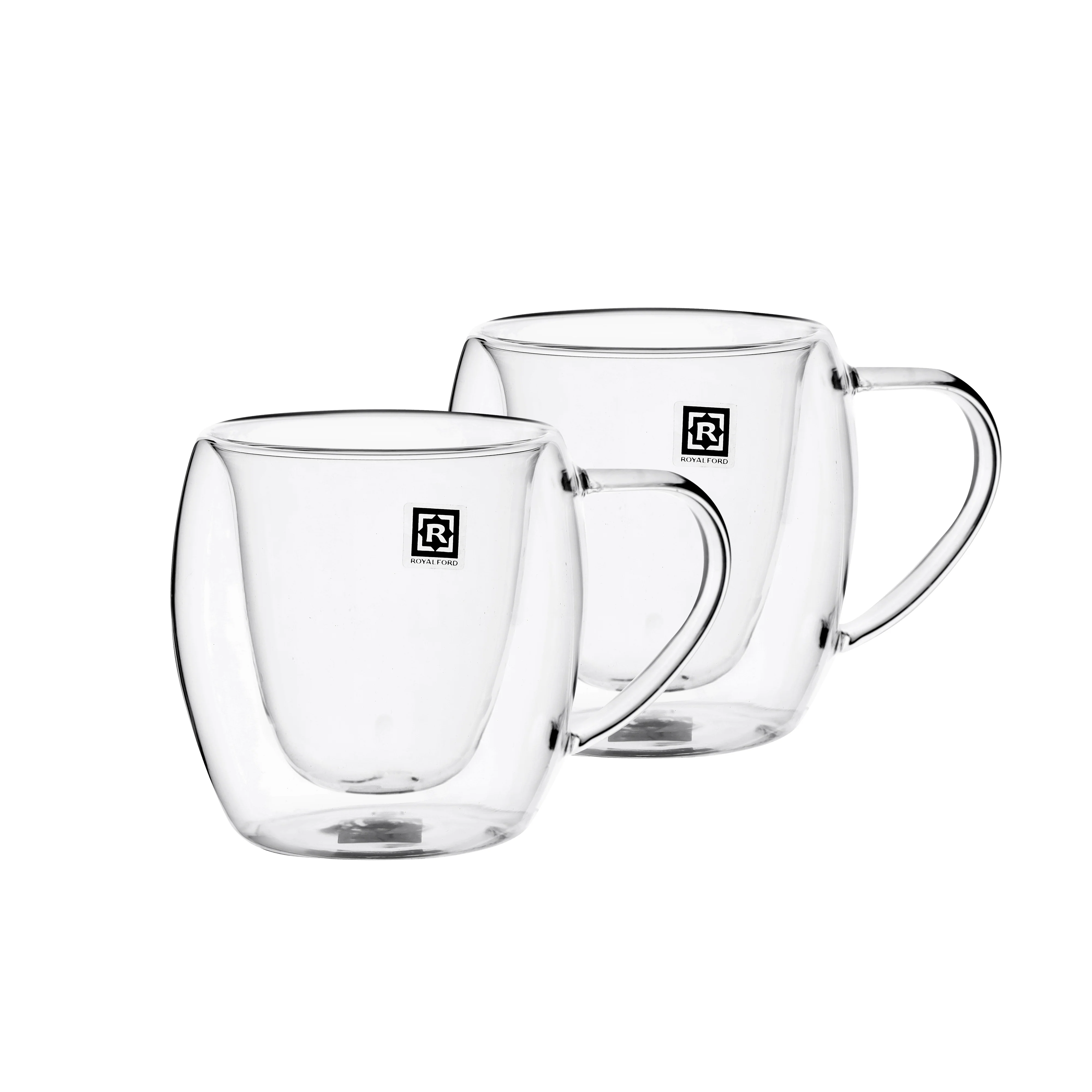 Royalford RF10528 Double Wall Mug Set | Premium Borosilicate Glass Design | 2 Heat-Resistant 250ml Cups for Hot & Cold Beverages | Elegant Insulated Clear Mug Style