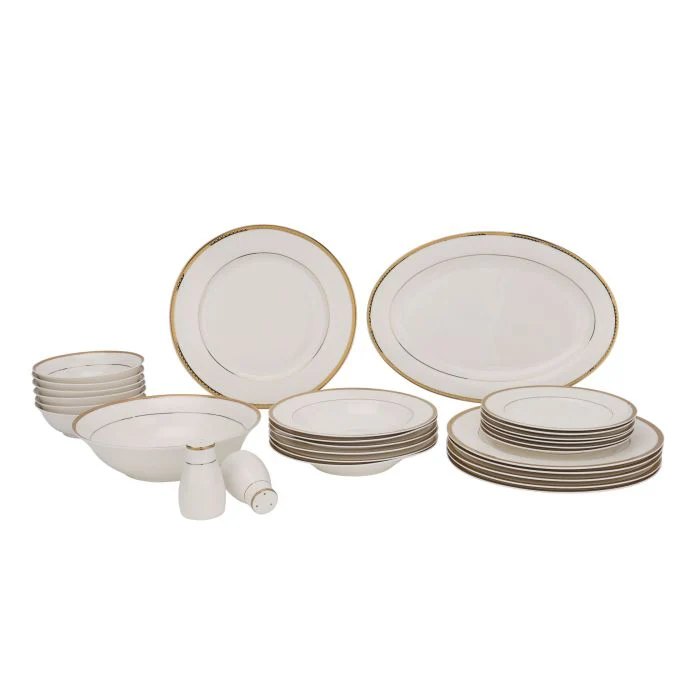 Royalford RF11050 Premium Bone China 28-Piece Dinner Set | Elegant Gold-Rimmed Plates & Bowls | Microwave & Dishwasher Safe | Durable Design | Food-Grade Tableware - Image 2